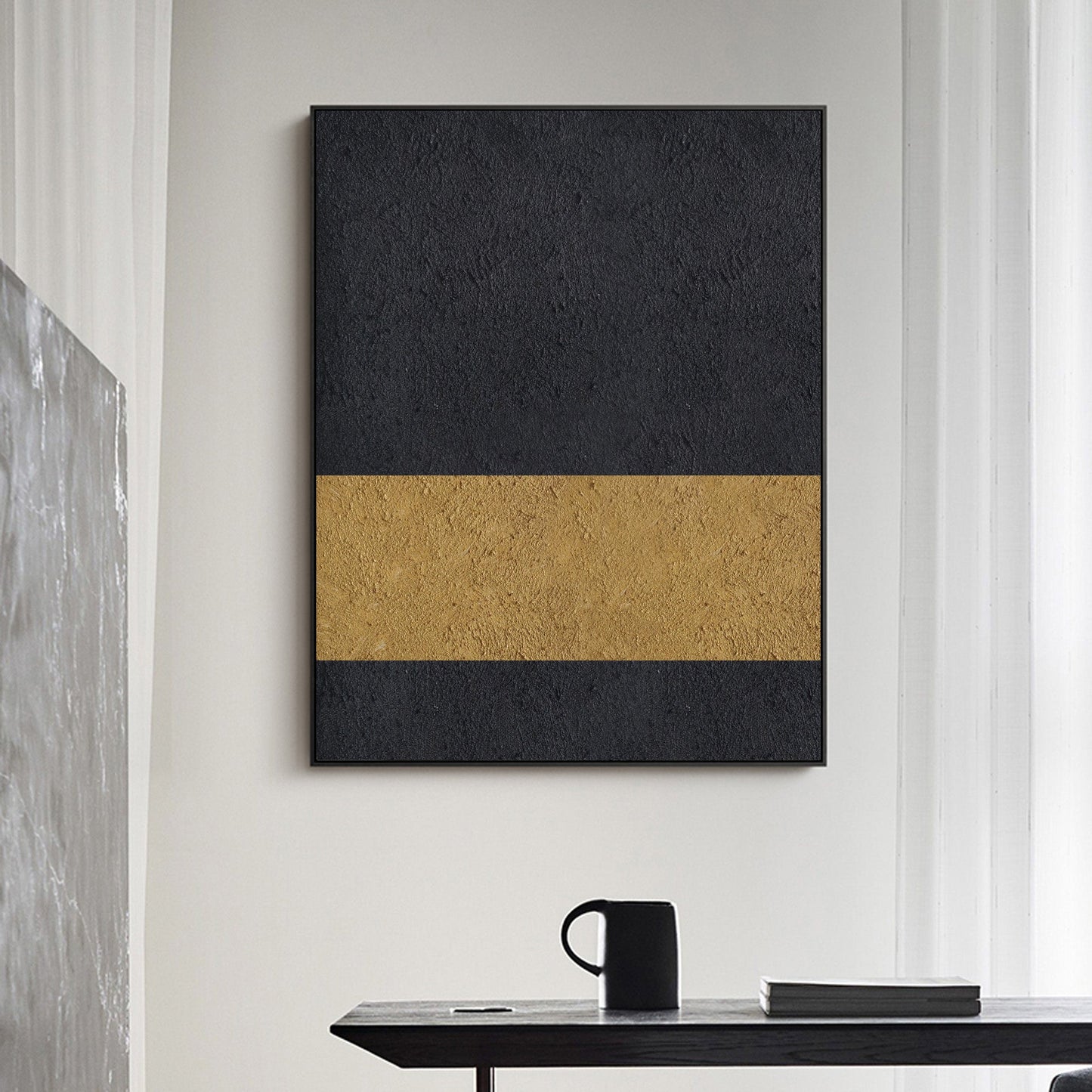Elegant Black and Gold Abstract Minimalist Oil Painting for Modern Decor