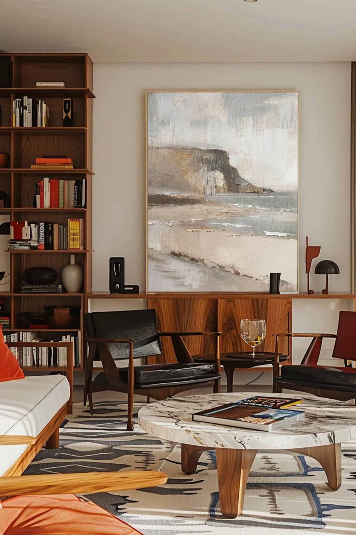 Serene Coastal Landscape Oil Painting in Earthy Tones for Elegant Home Decor