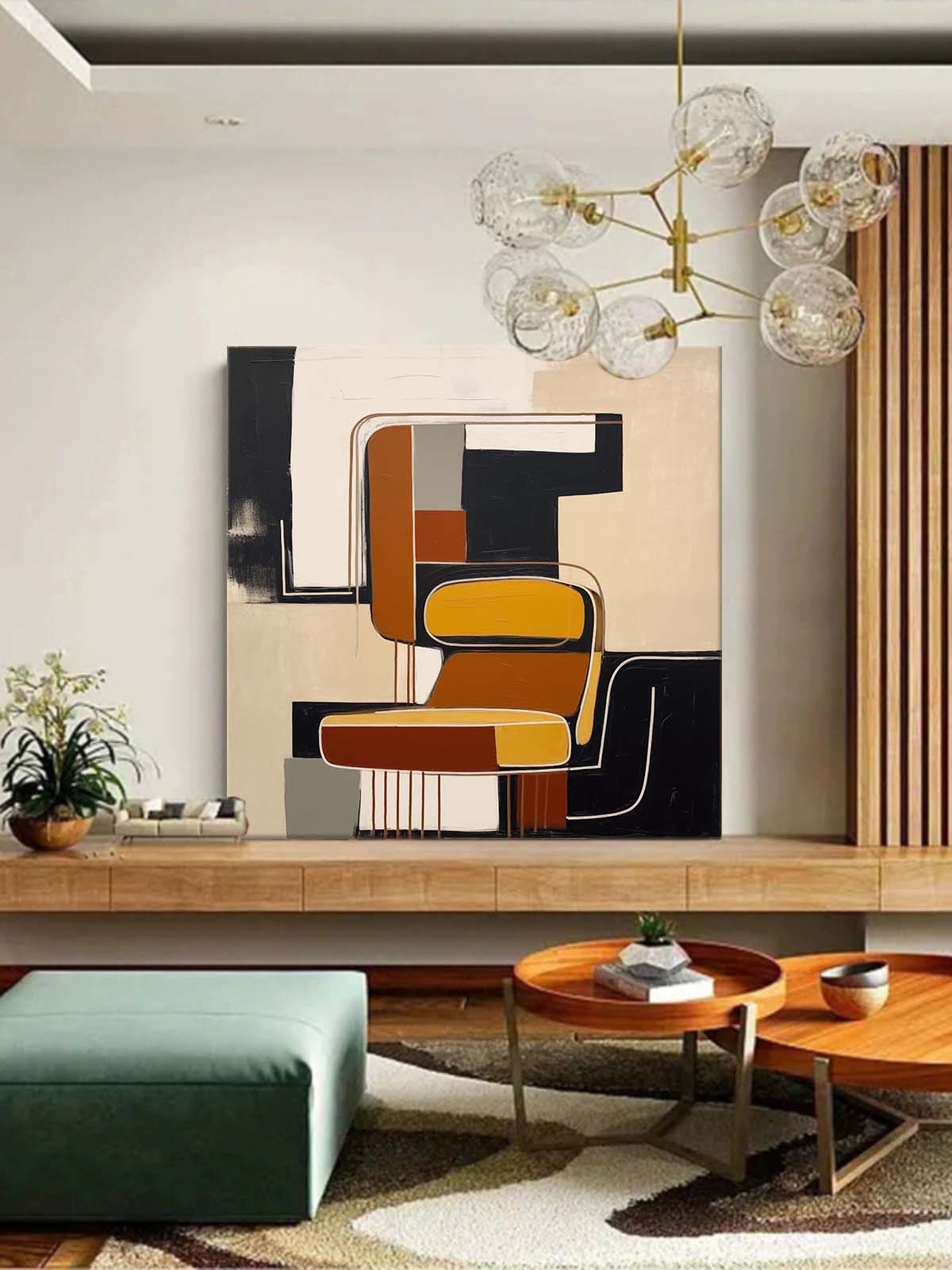 Contemporary Vintage Abstract Oil Painting with Bold Geometric Shapes