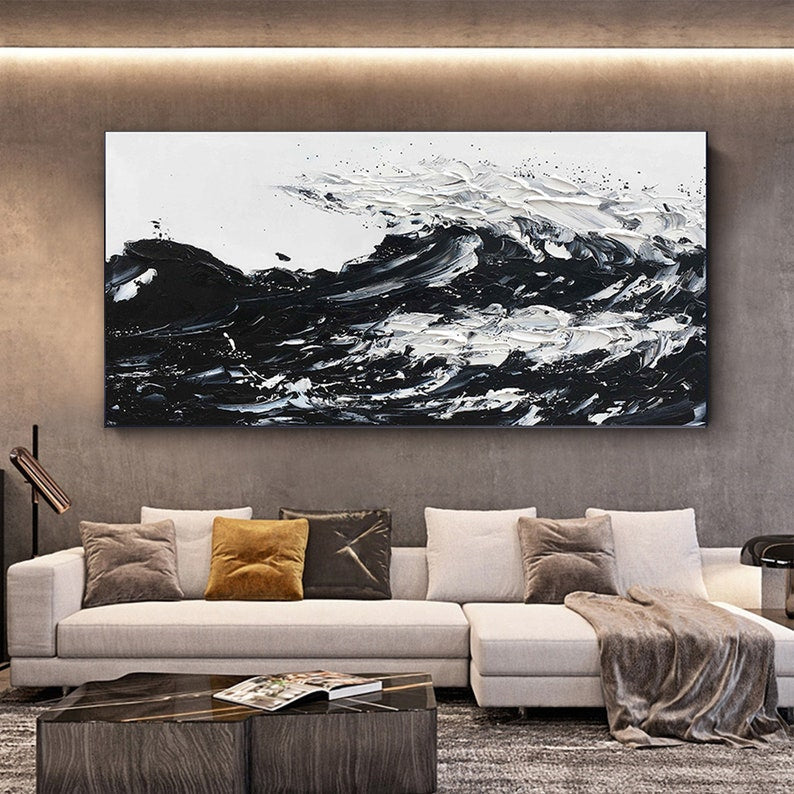 Dynamic Black and White Wave Oil Painting for Modern Home Decor