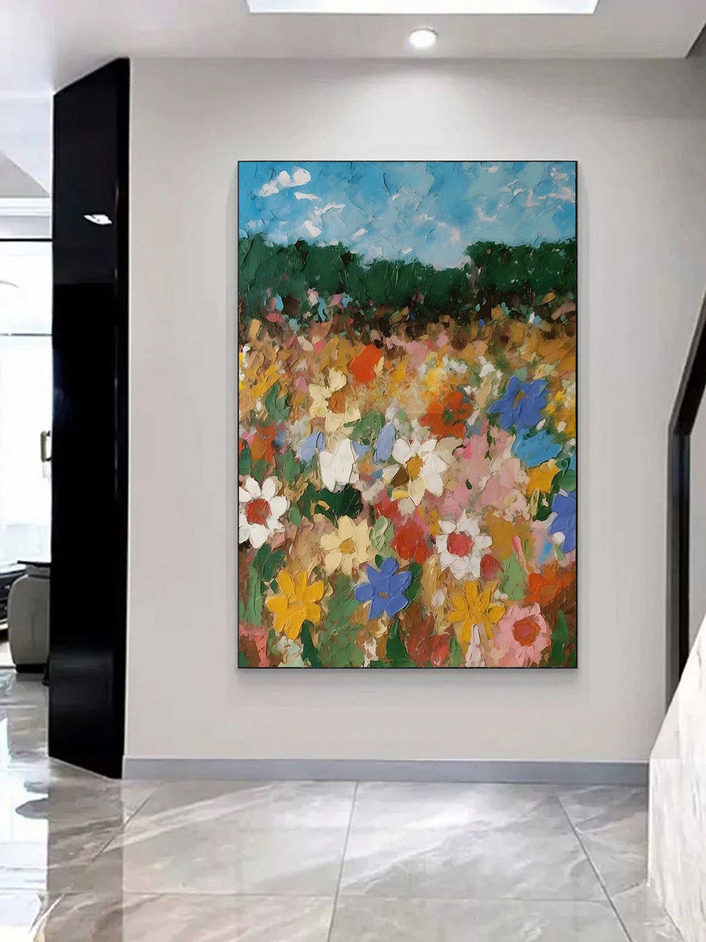 Vibrant Floral Landscape Oil Painting - Colorful Flower Field Art Piece for Home Decor