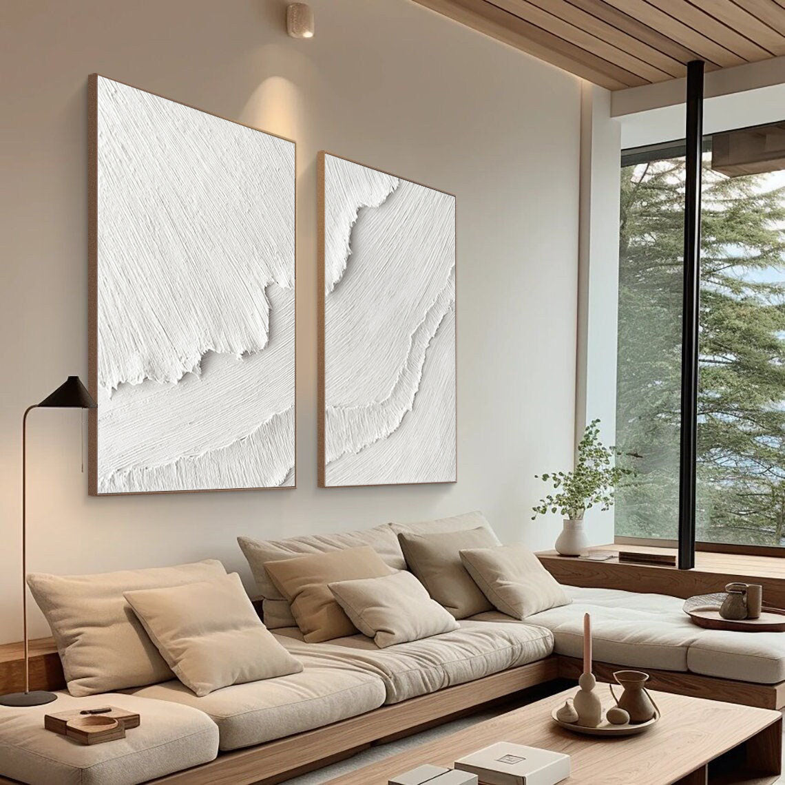 Minimalist White Textured Abstract Oil Paintings for Modern Home Decor Set of Two