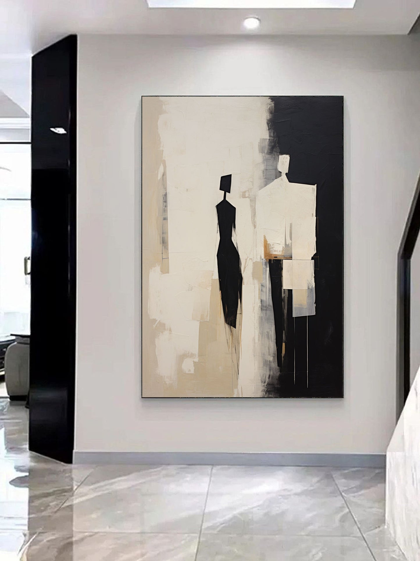 Elegant Black and White Contemporary Minimalist Oil Painting for Modern Decor