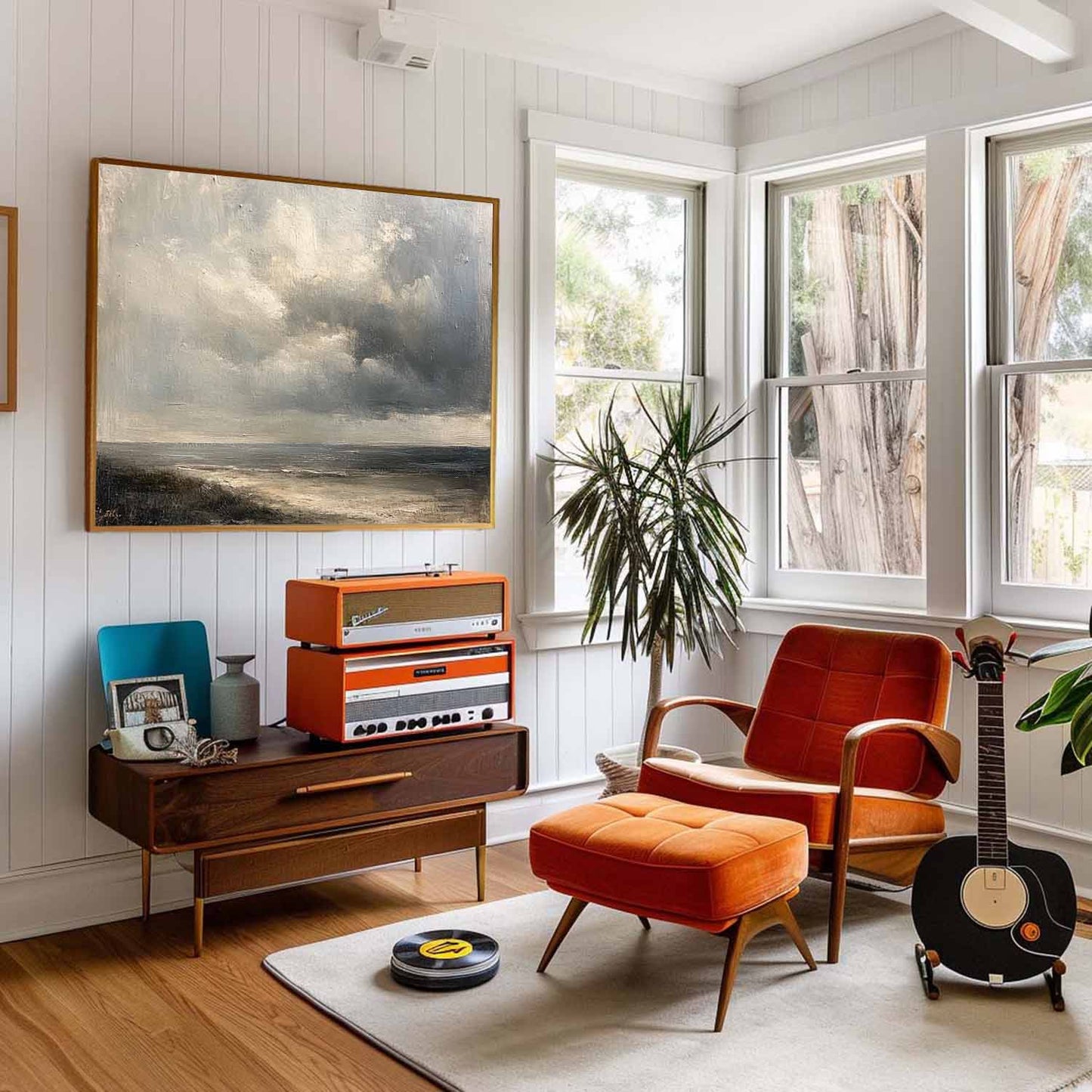 Serene Coastal Landscape Oil Painting with Dramatic Cloud Detail