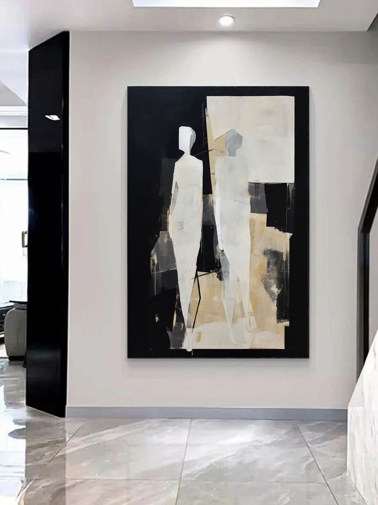 Modern Abstract Oil Painting of Figures in Minimalist Black and White Composition