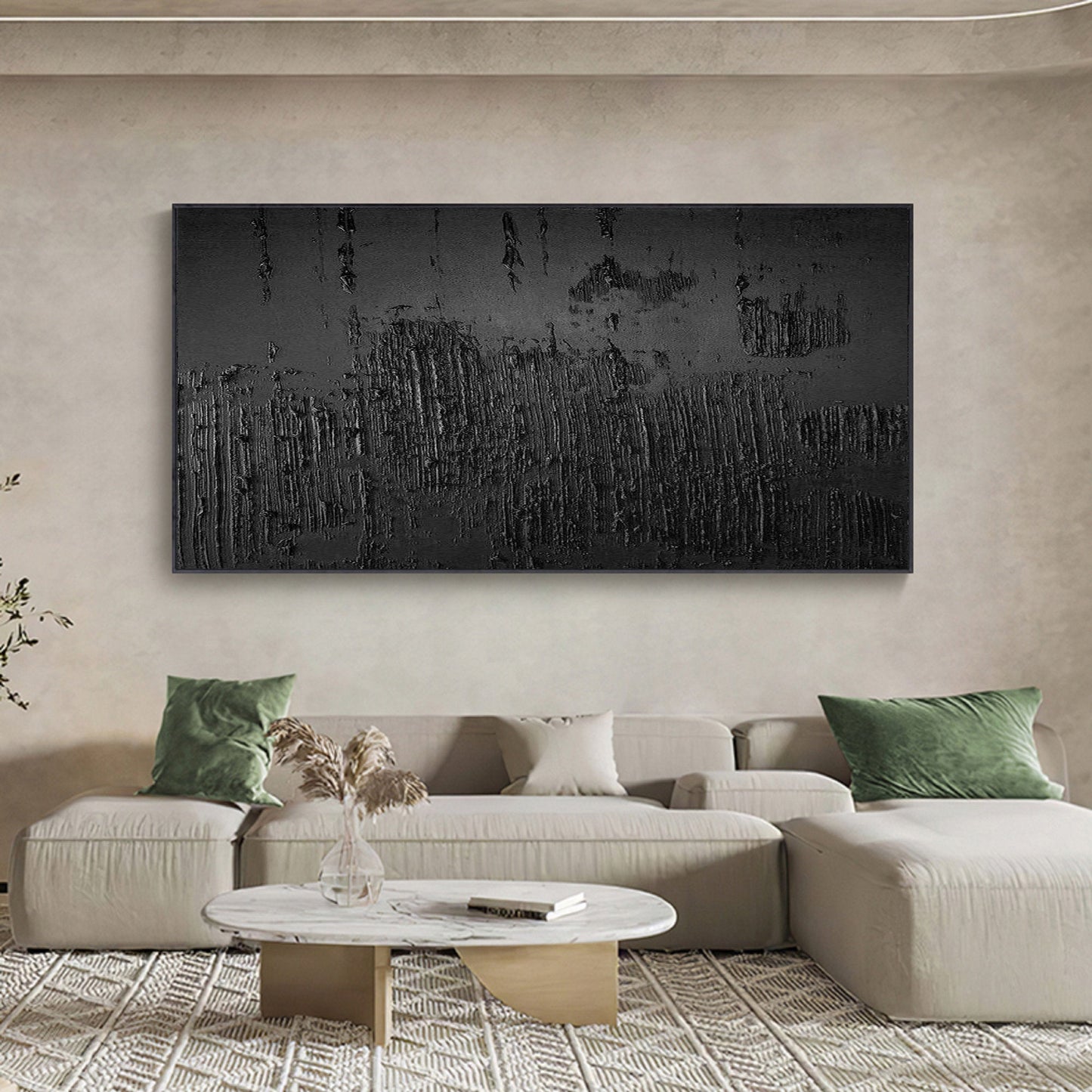 Textured Black Abstract Art - Modern Minimalist Oil Painting for Contemporary Decor