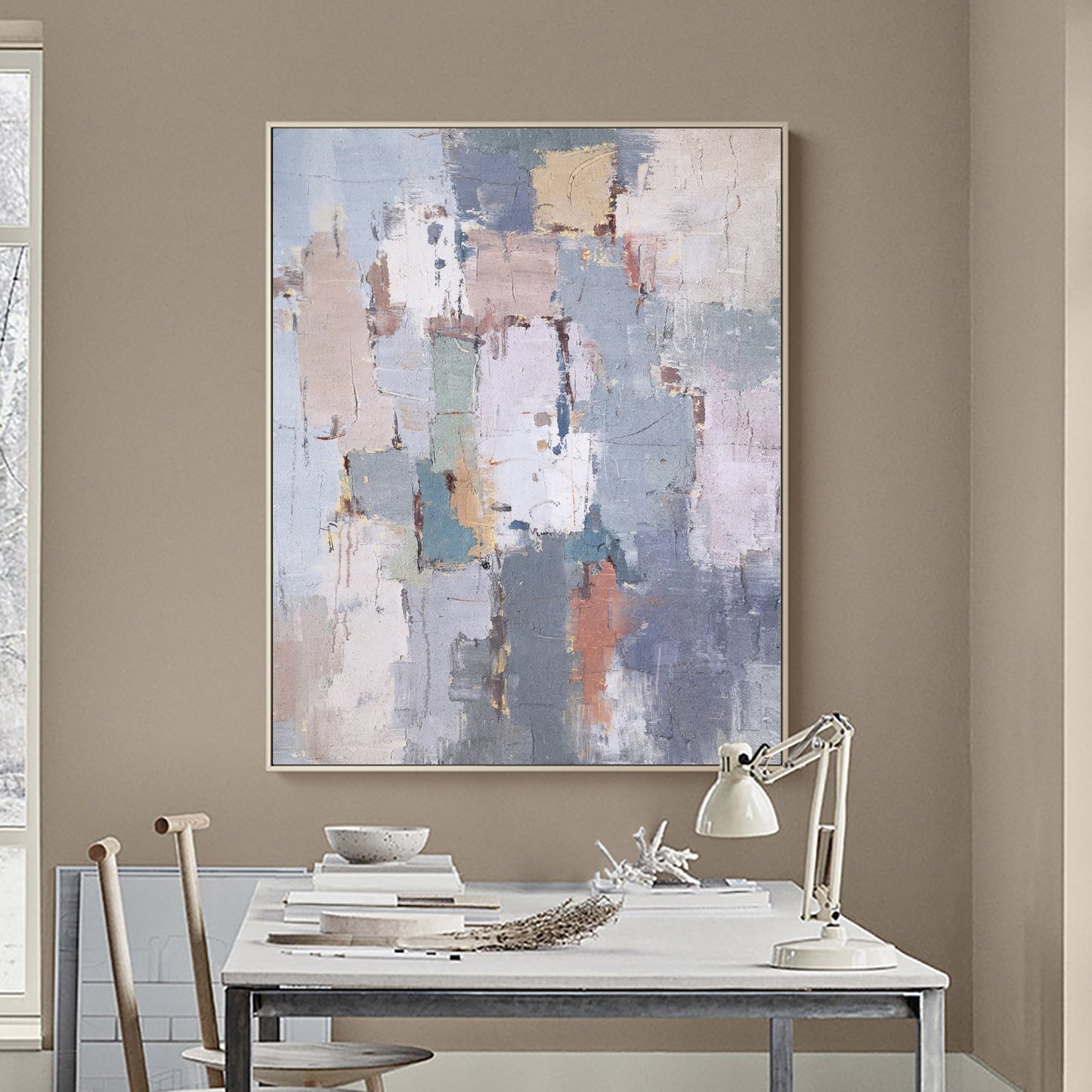 Contemporary Abstract Geometric Oil Painting in Soft Pastel Colors for Modern Decor