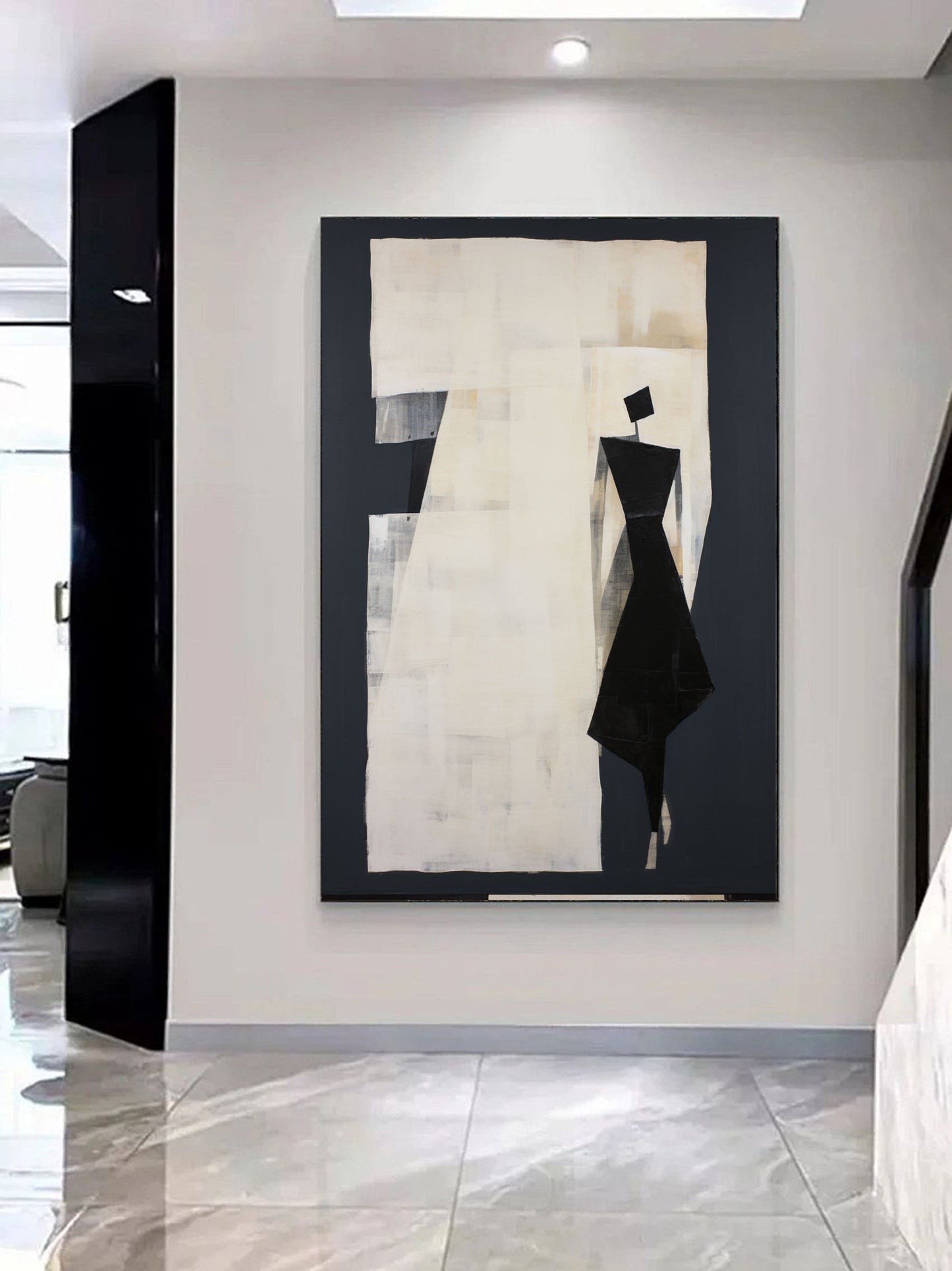 Elegant Black and White Minimalist Oil Painting for Modern Home Decor