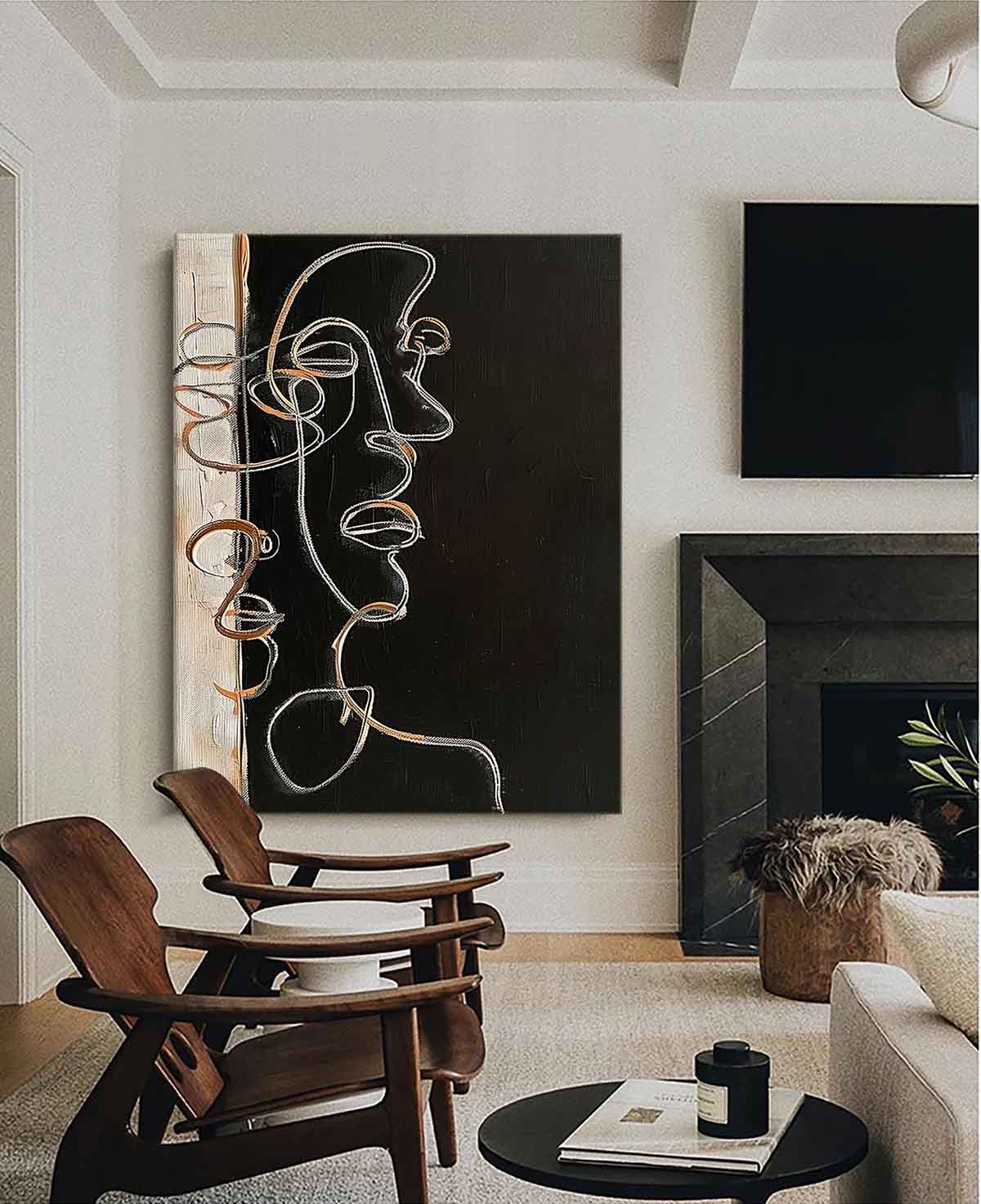 Modern Minimalist Abstract Line Art Portrait Oil Painting for Contemporary Decor