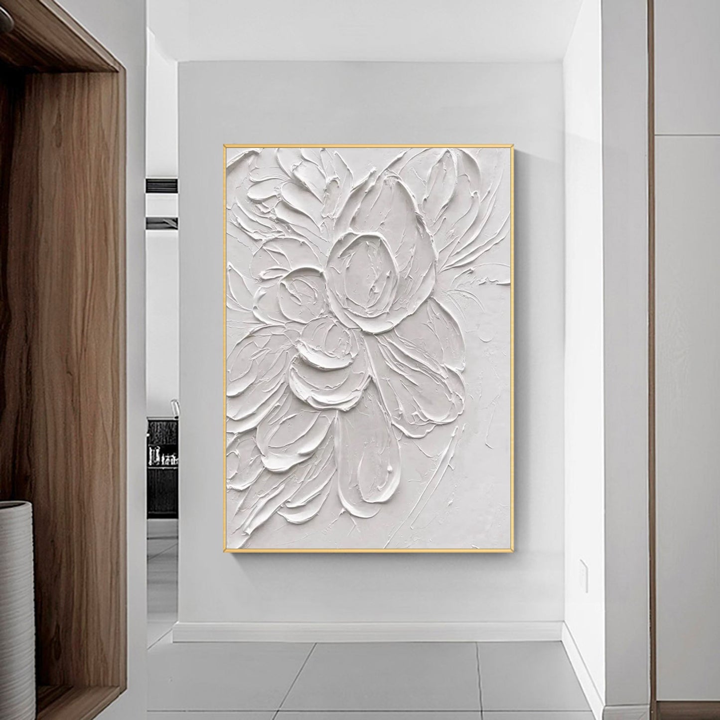 Elegant Minimalist White Flower Oil Painting for Modern Decor