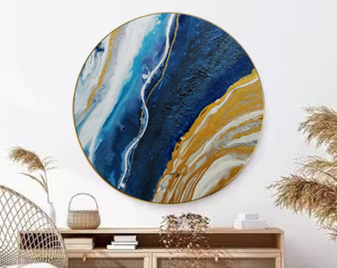 Elegant Circular Abstract Ocean-Inspired Oil Painting in Blue and Gold