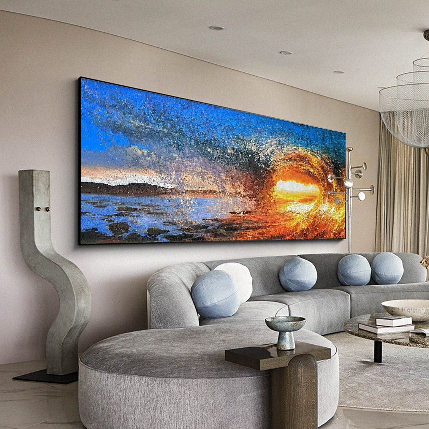 Vibrant Sunset Wave Over Ocean - Stunning Oil Painting for Beach Lovers