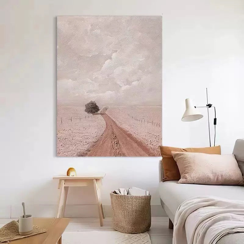Pink Plains Peaceful Countryside Minimalist Scenic Oil Painting