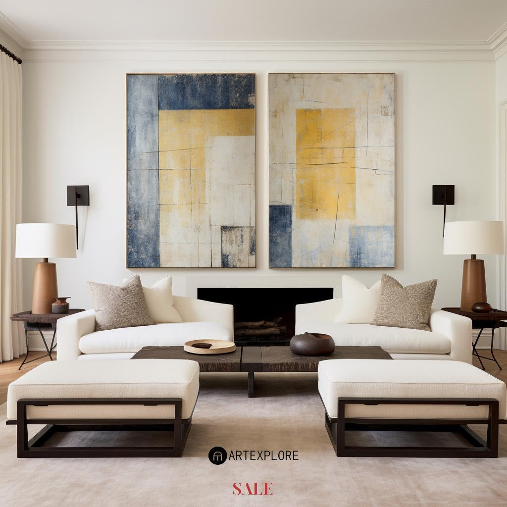 Contemporary Abstract Duo in Yellow and Blue for Modern Home Decor