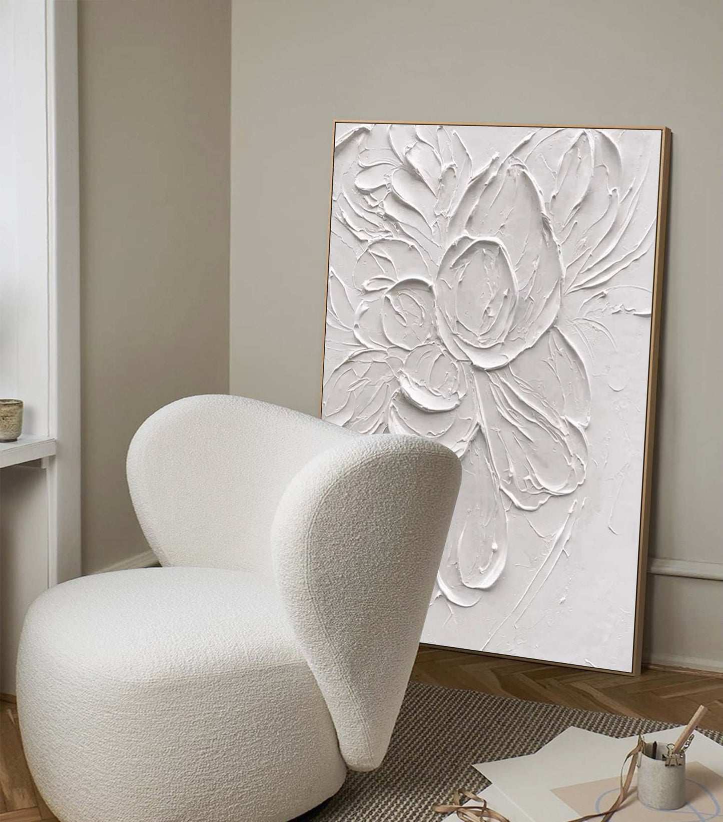 Elegant Minimalist White Flower Oil Painting for Modern Decor