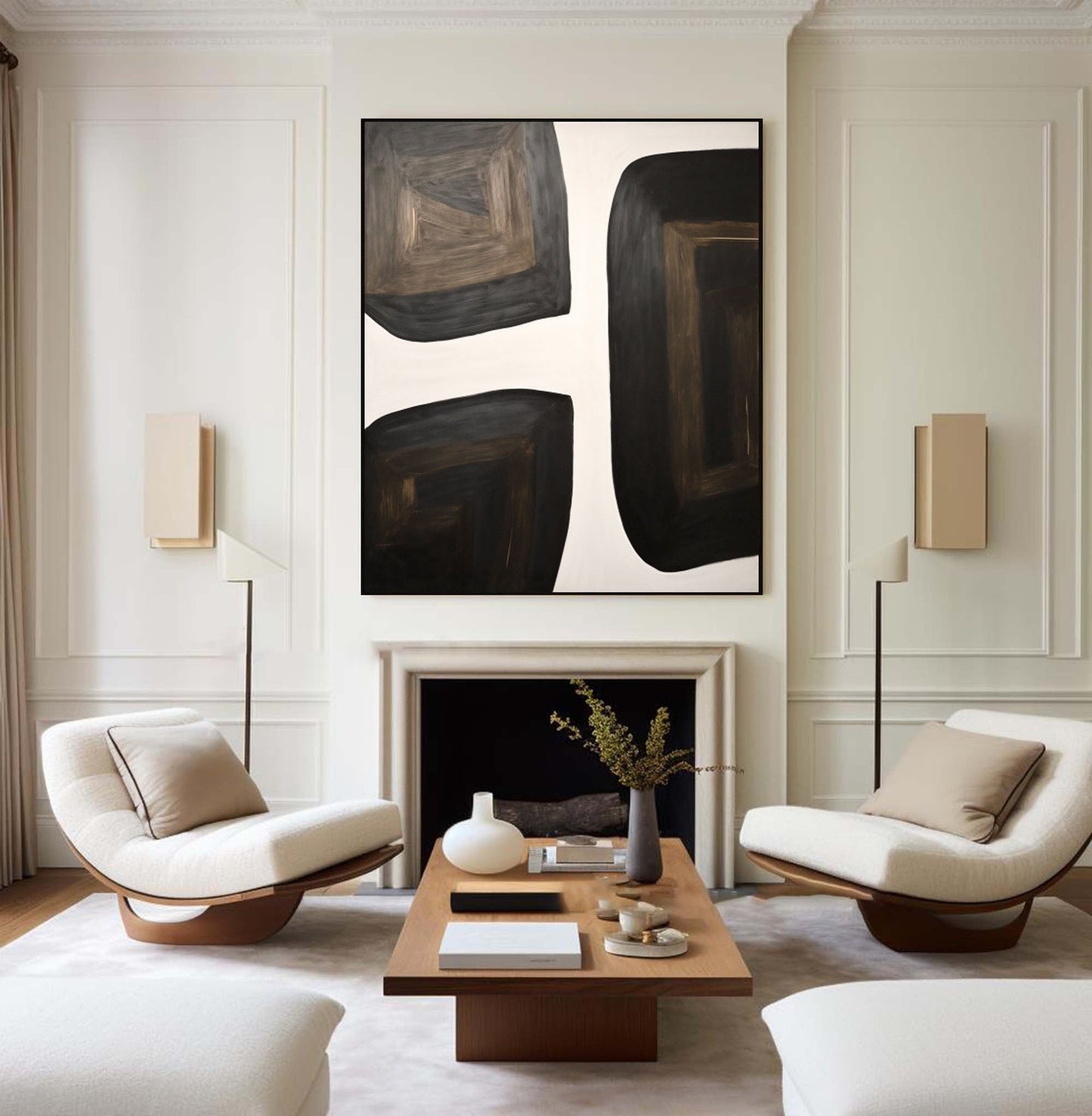 Modern Black and White Geometric Oil Painting for Contemporary Home Decor