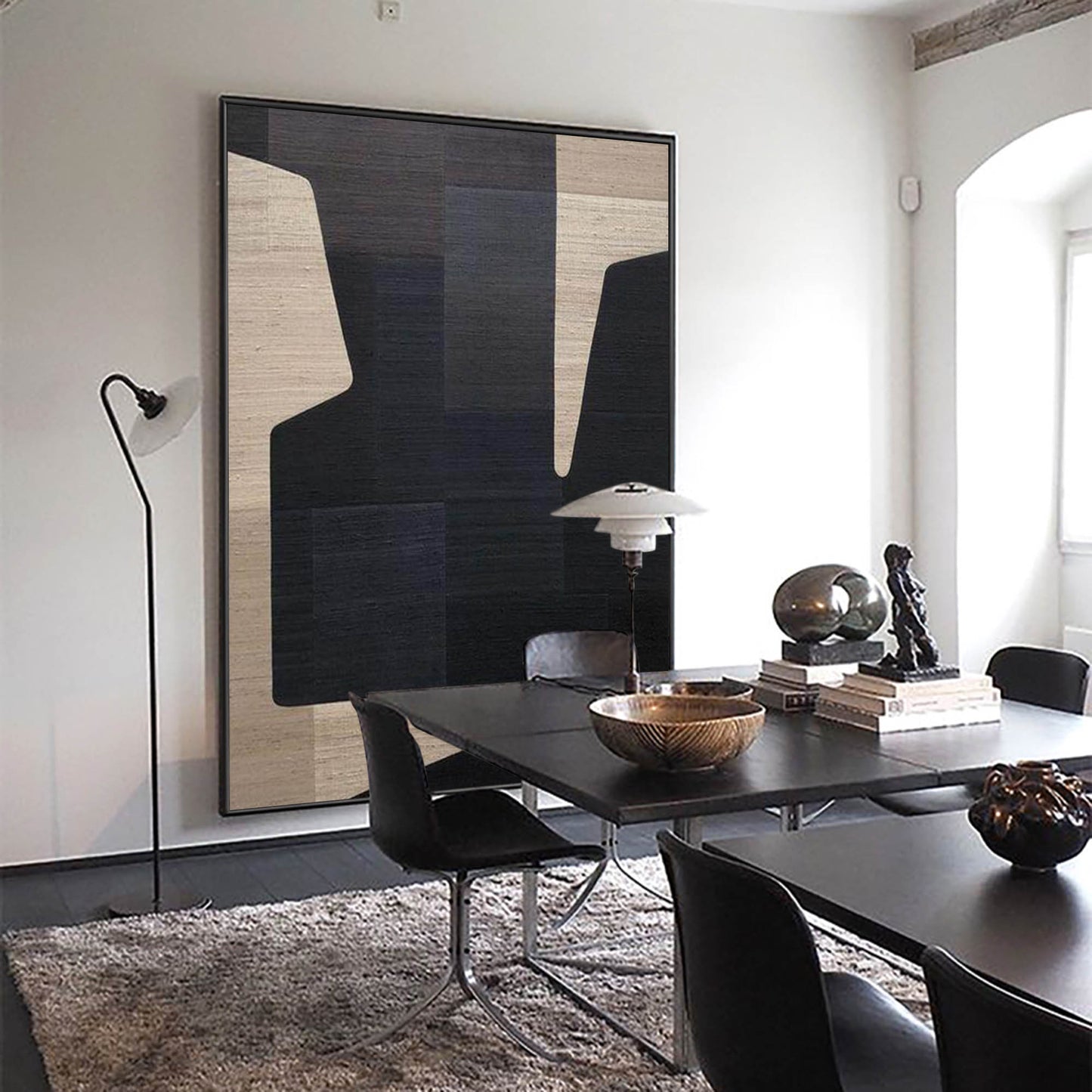 Contemporary Geometric Oil Painting in Bold Black and Neutral Tones for Modern Decor