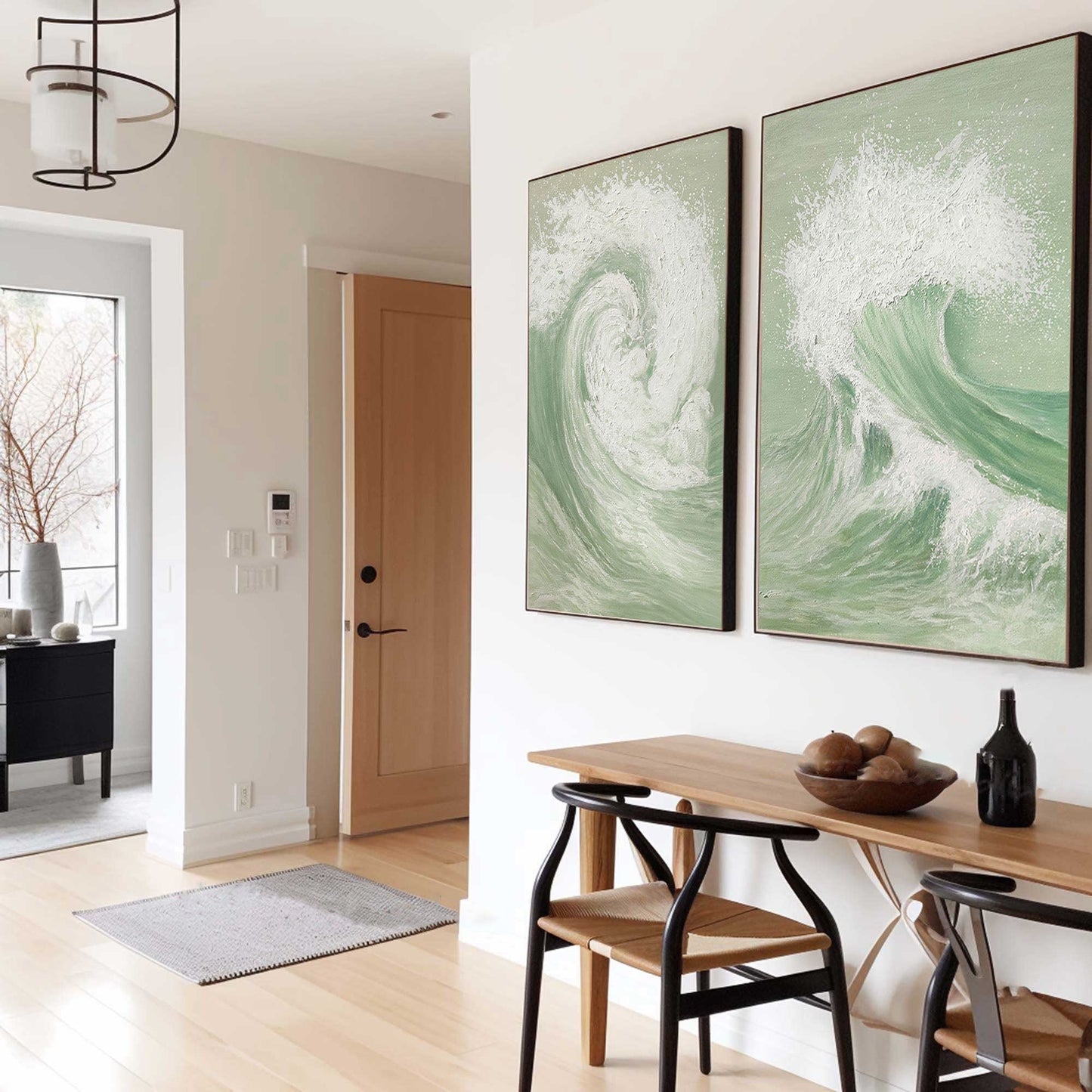 Elegant Green and White Abstract Wave Art for Modern Home Decor Set