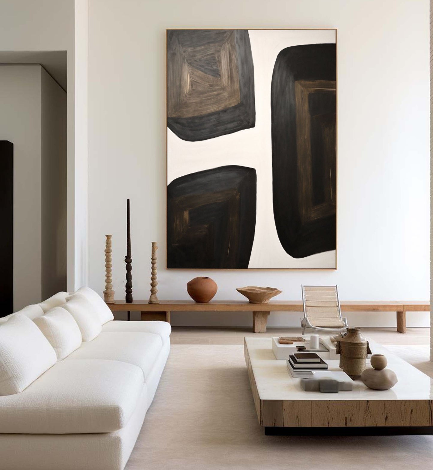 Modern Black and White Geometric Oil Painting for Contemporary Home Decor