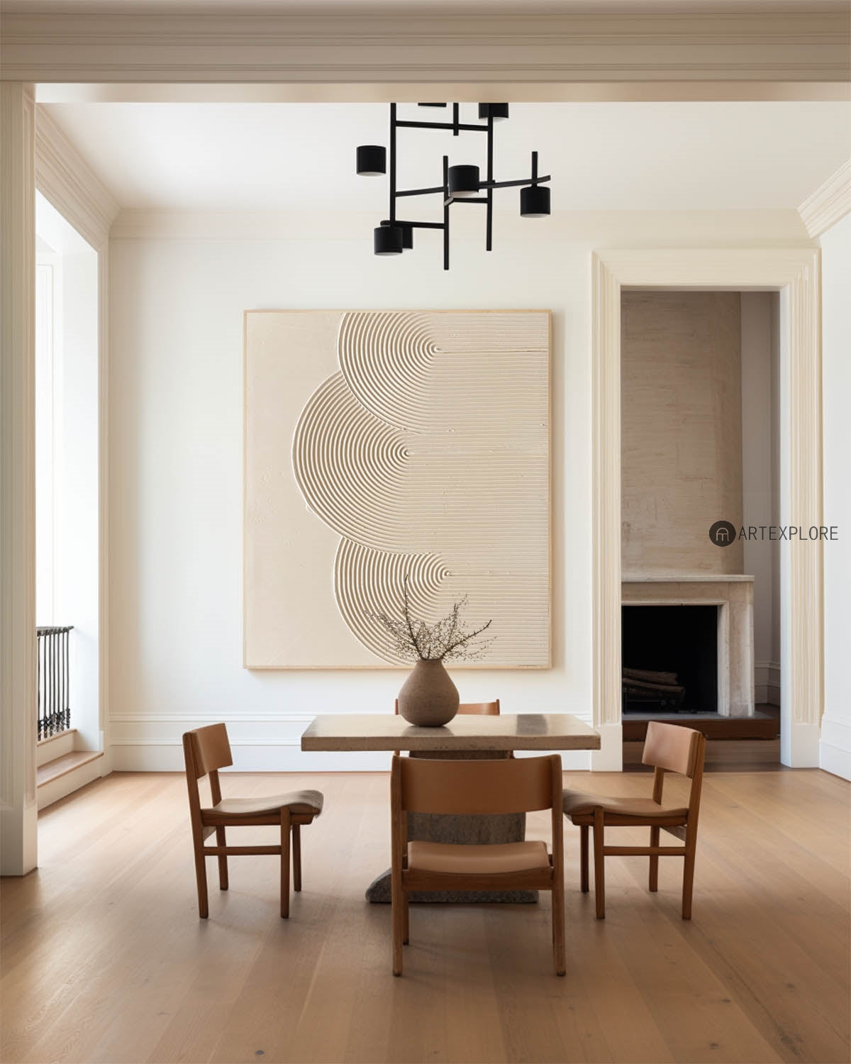 Minimalist Beige Abstract Oil Painting with Geometric Lines for Modern Decor