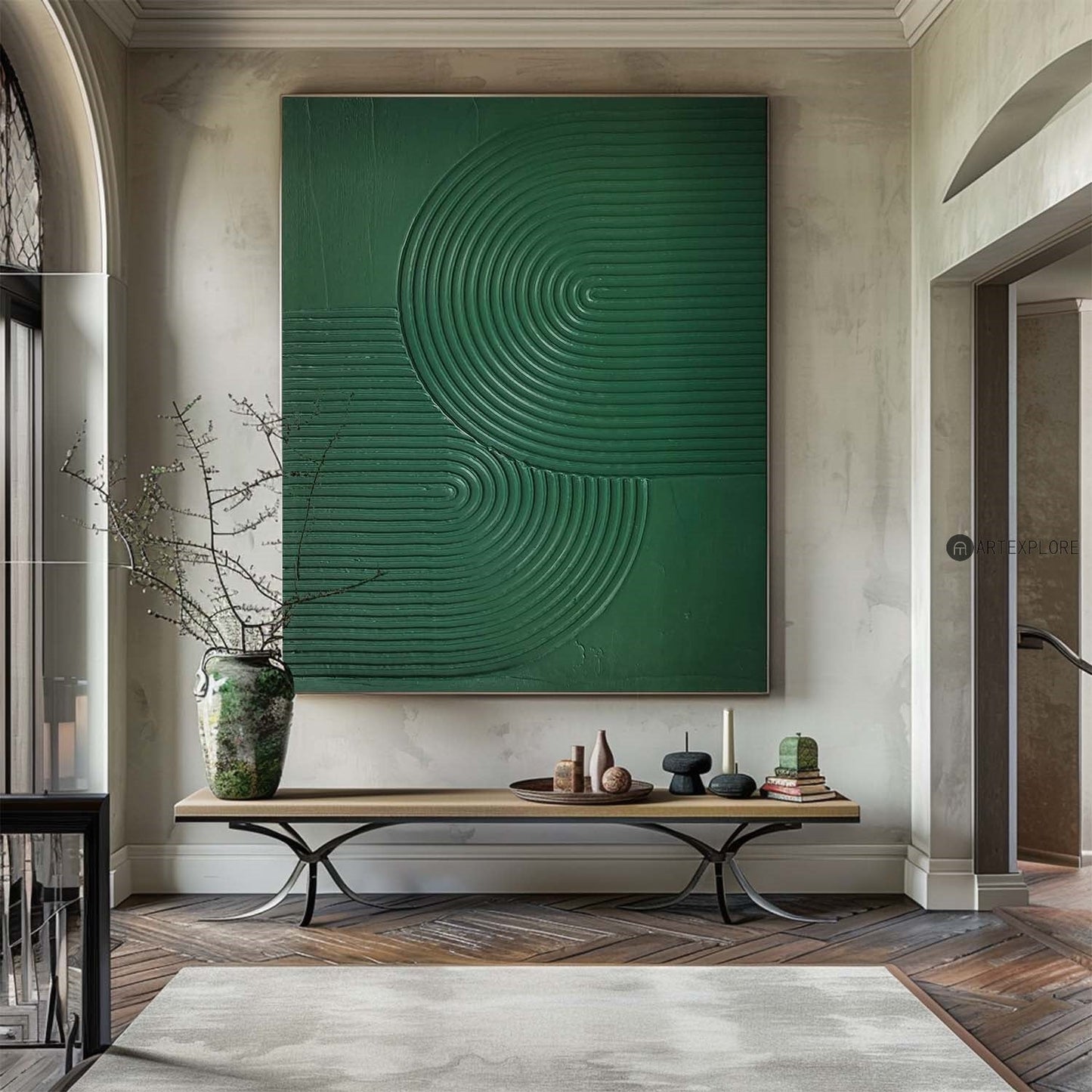 Contemporary Green Abstract Oil Painting with Minimalist Texture