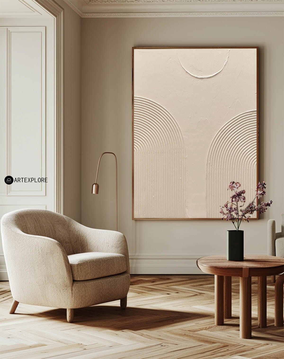 Modern Beige Abstract Oil Painting with Textured Lines and Minimalist Design