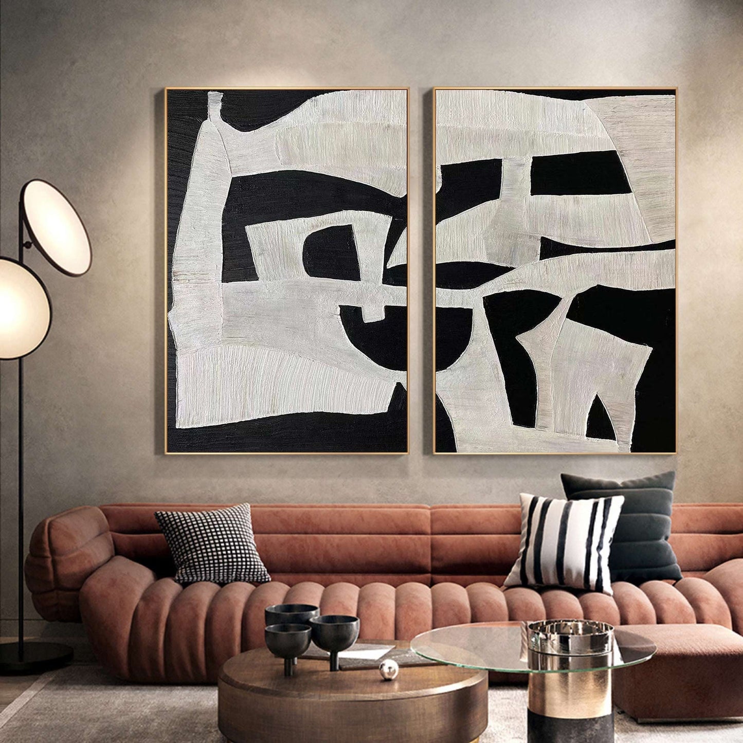 Black and White Abstract Oil Painting Duo – Textured Modern Canvas Art for Contemporary Decor
