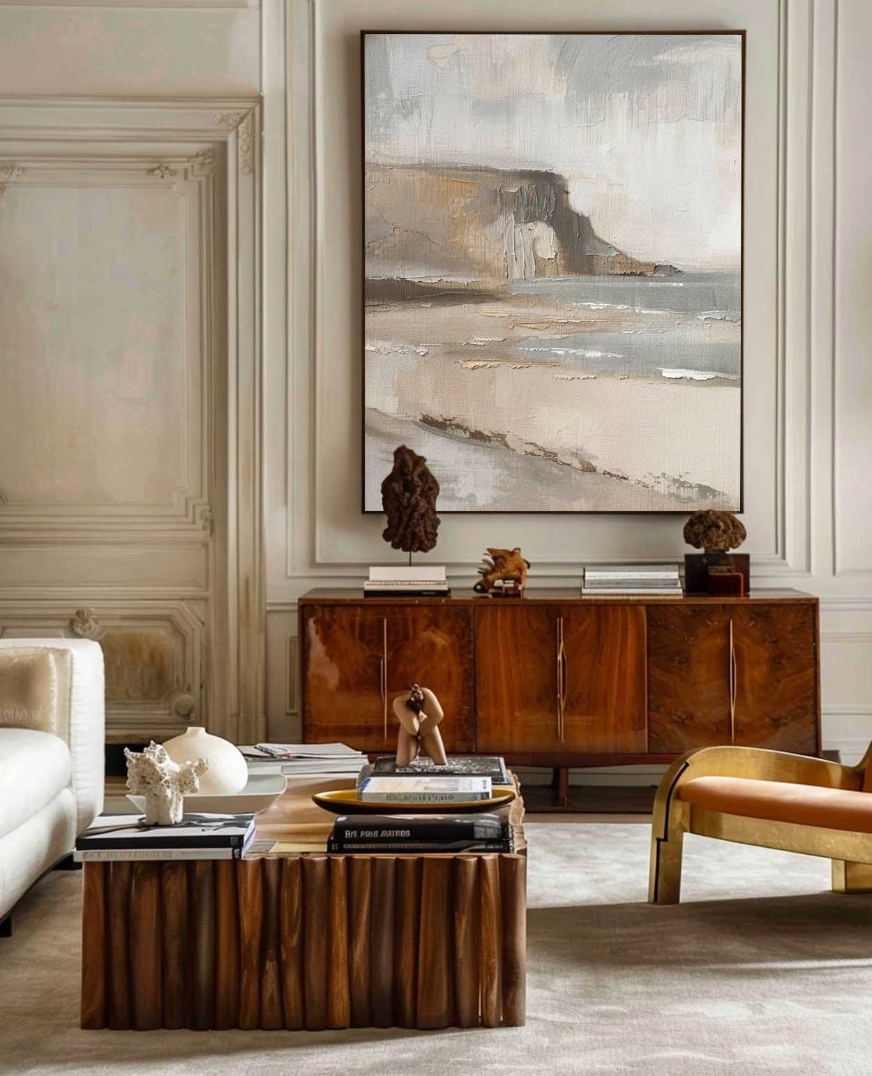 Serene Coastal Landscape Oil Painting in Earthy Tones for Elegant Home Decor