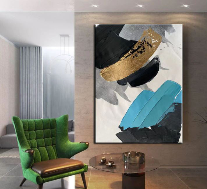 Contemporary Abstract Oil Painting with Gold and Blue Accents for Modern Decor