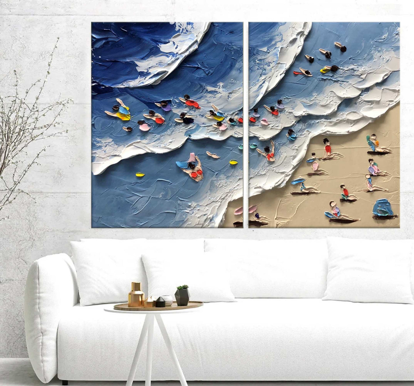 Colorful Beach Scene Abstract Oil Painting Duo for Modern Decor