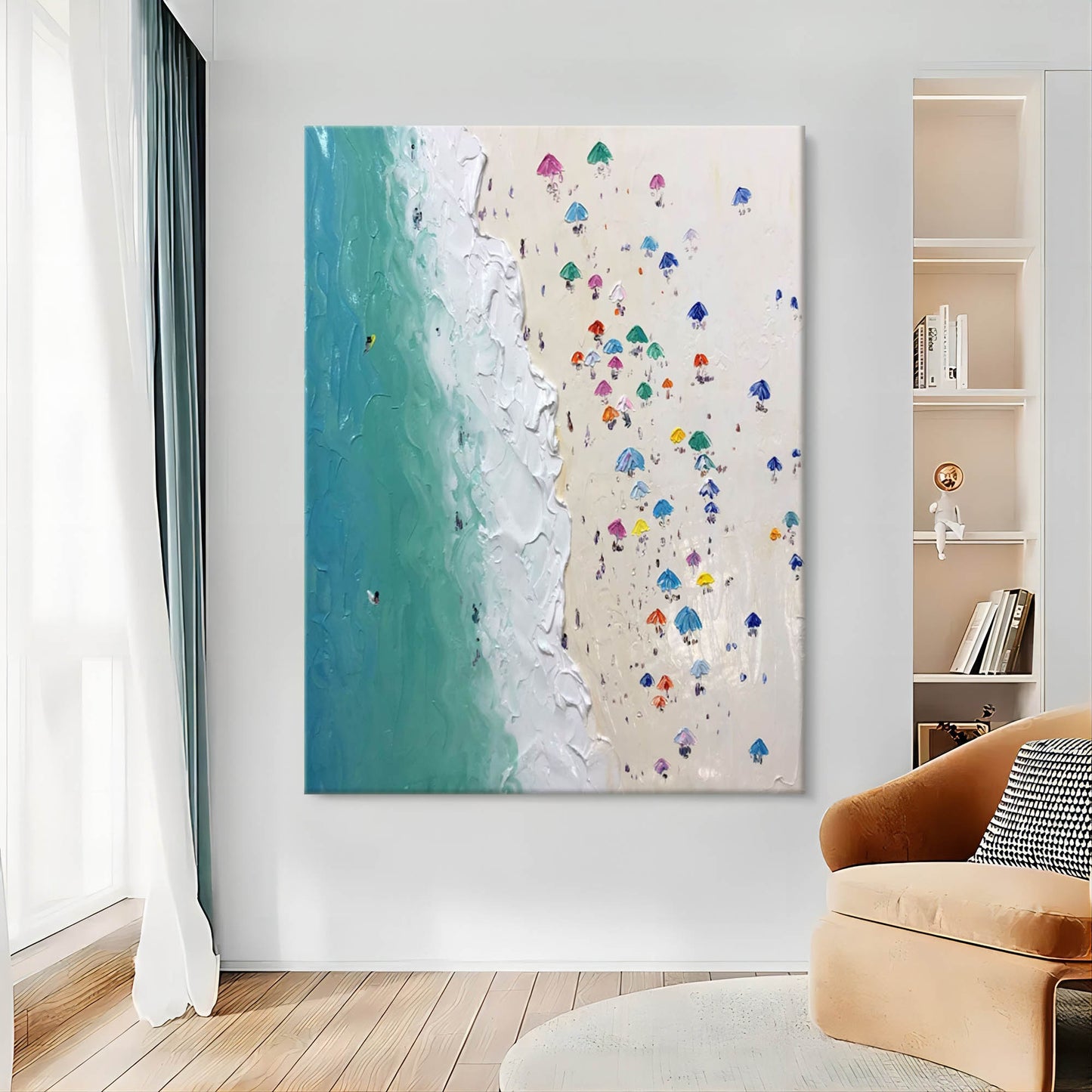 Vibrant Coastal Escape Oil Painting with Colorful Beach Umbrellas