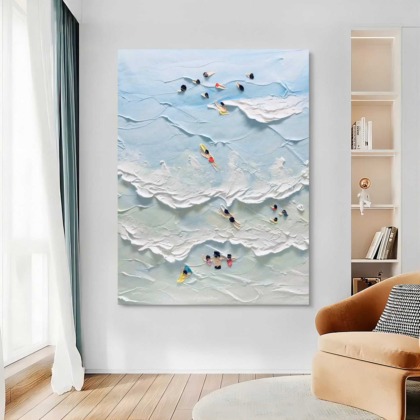 Abstract Coastal Scene with Swimmers - Textured Oil Painting Art