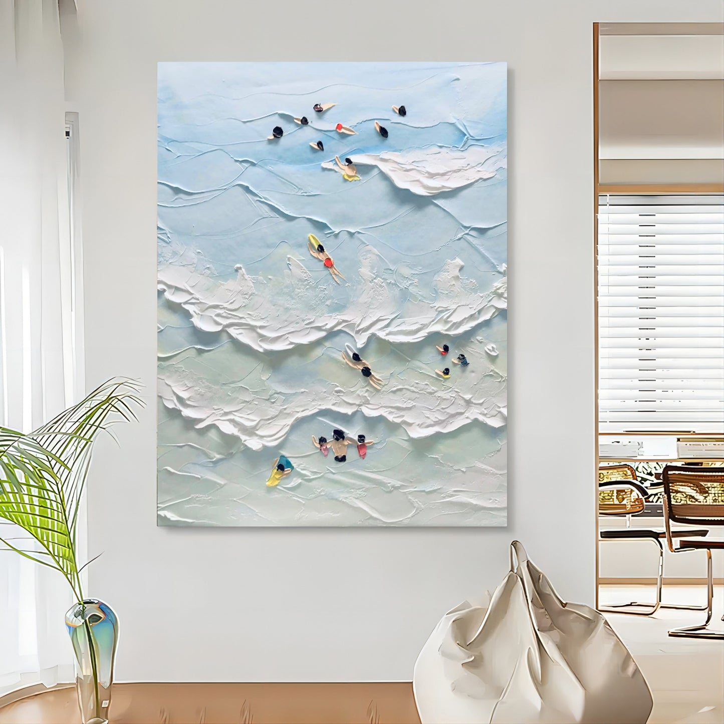 Abstract Coastal Scene with Swimmers - Textured Oil Painting Art