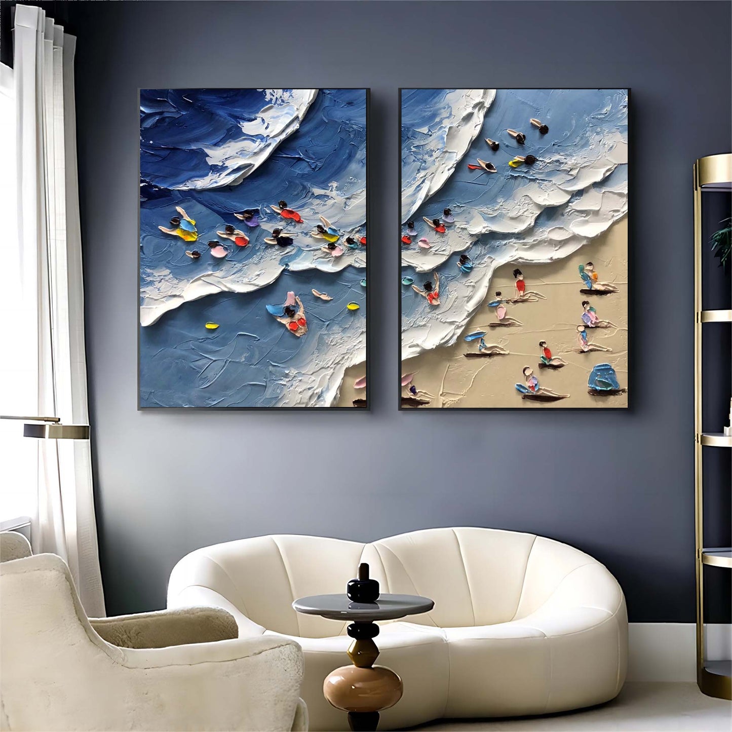 Colorful Beach Scene Abstract Oil Painting Duo for Modern Decor