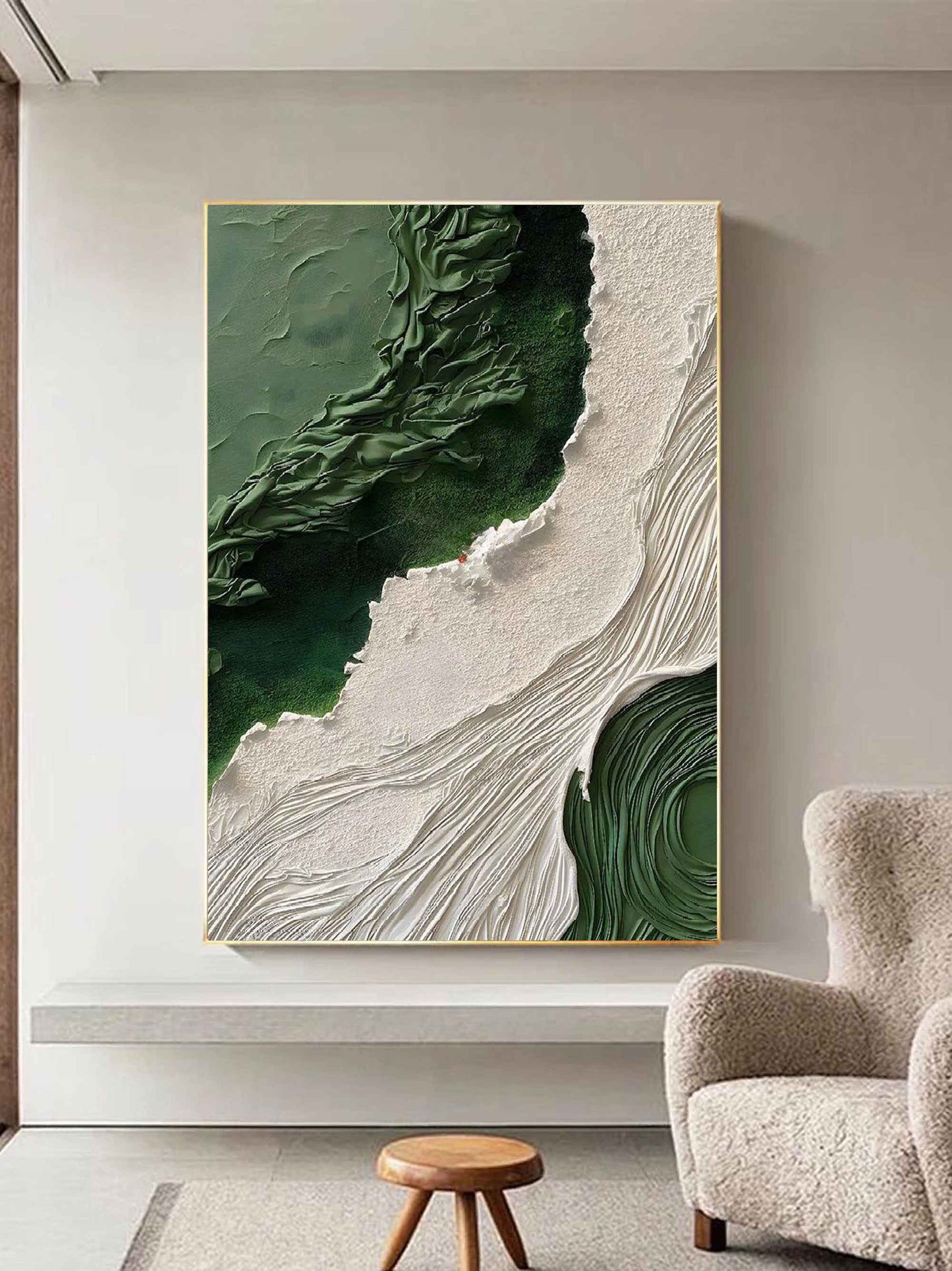 Serene Green and White Landscape Oil Painting for Elegant Home Decor