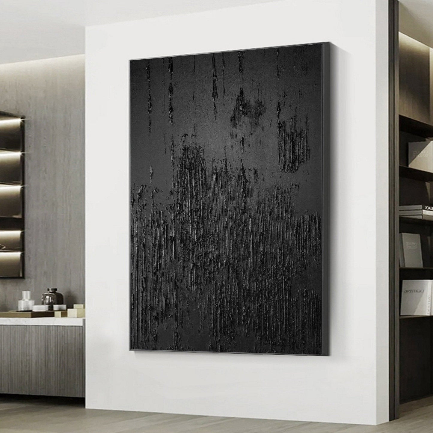 Elegant Black Abstract Oil Painting for Modern Minimalist Decor