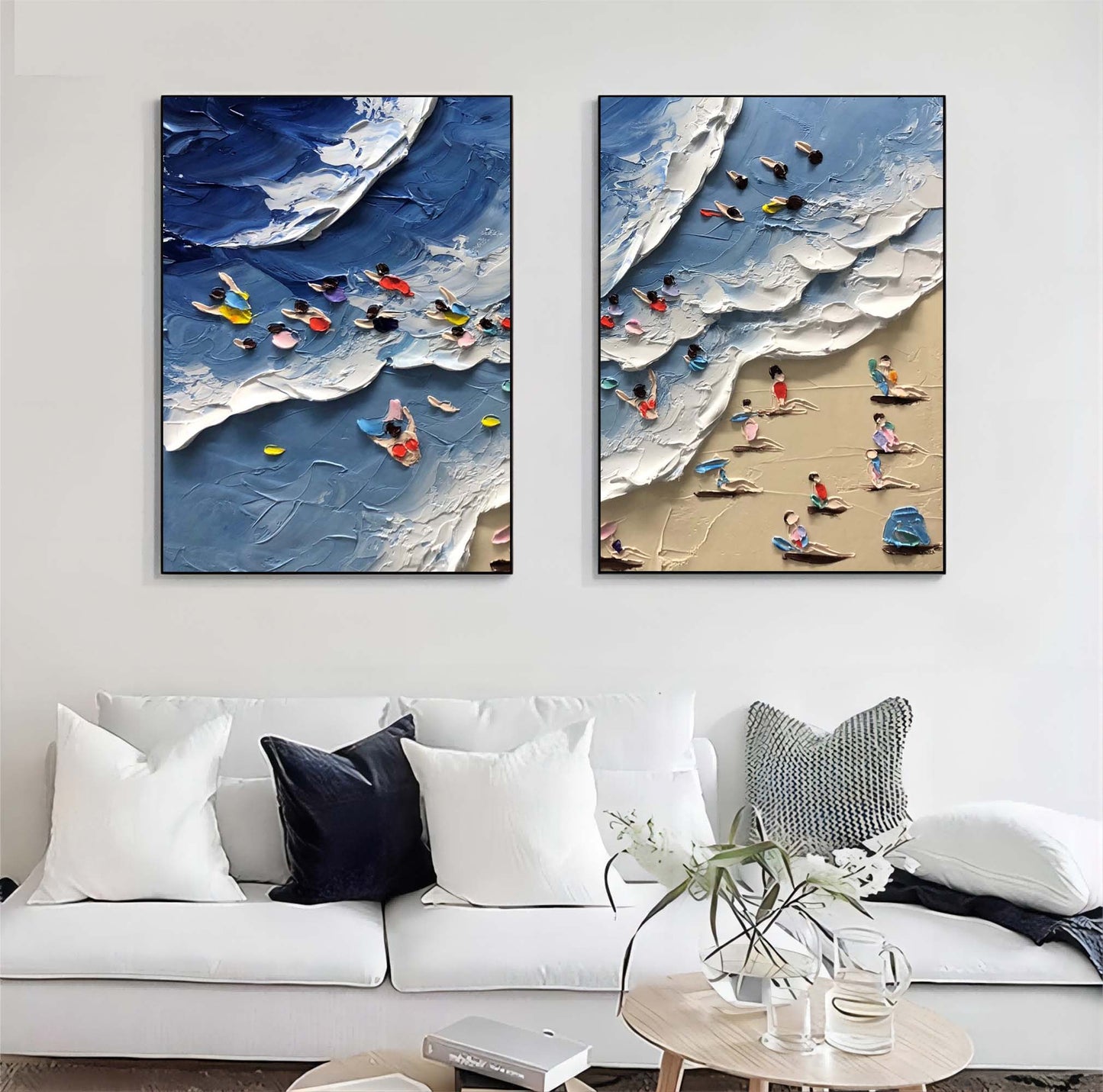 Colorful Beach Scene Abstract Oil Painting Duo for Modern Decor