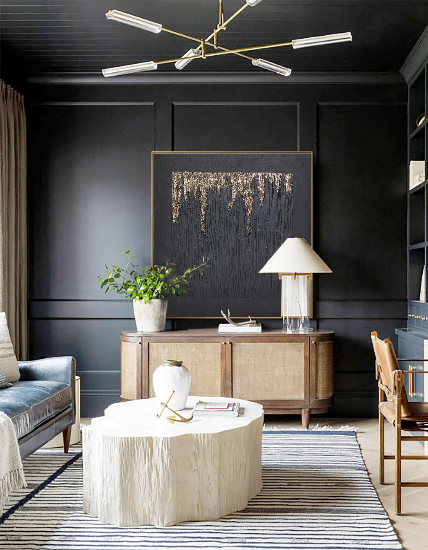 Elegant Black and Gold Minimalist Abstract Oil Painting for Modern Decor