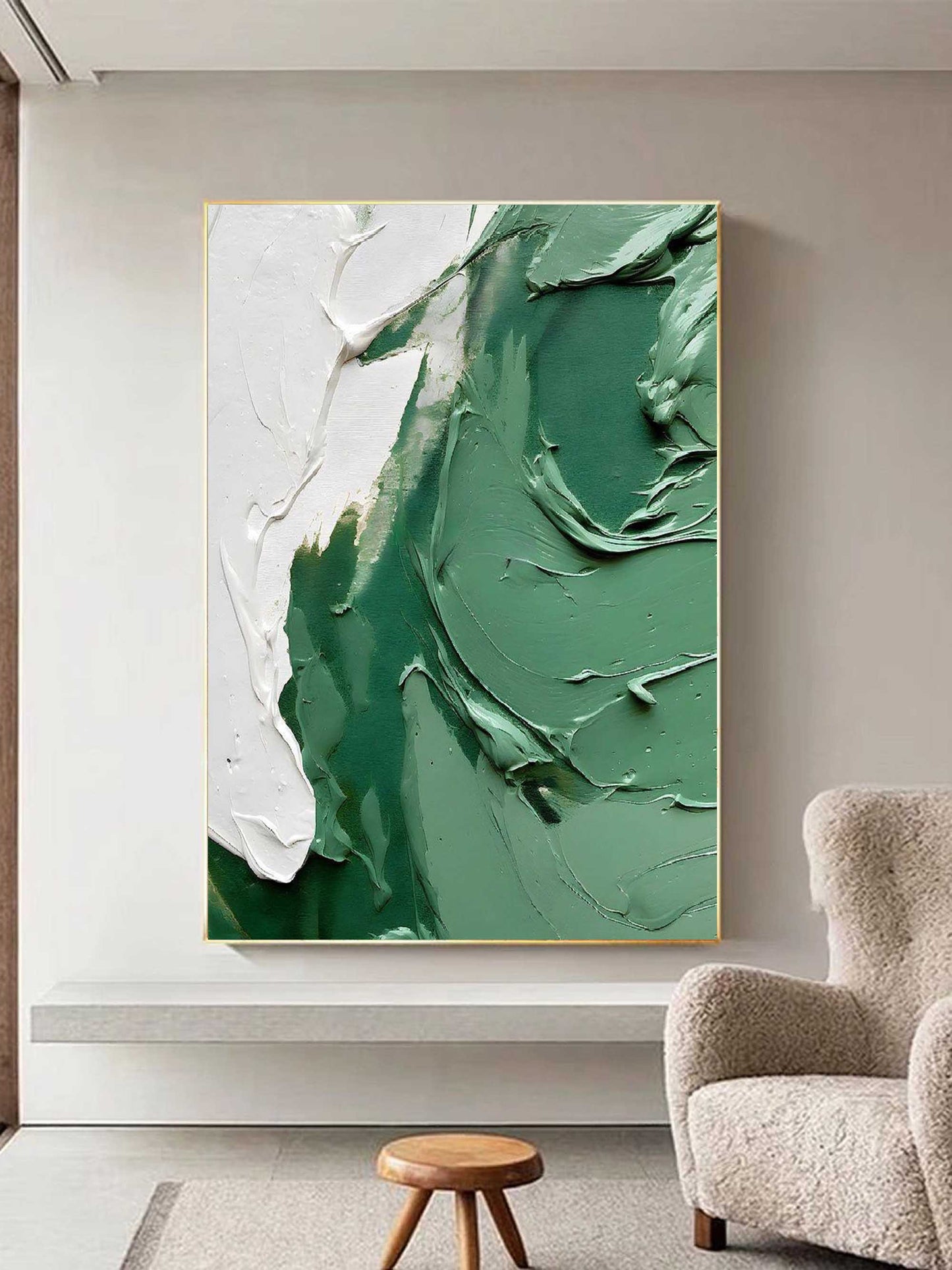Abstract Green Textured Oil Painting with White Accents for Contemporary Home Decor