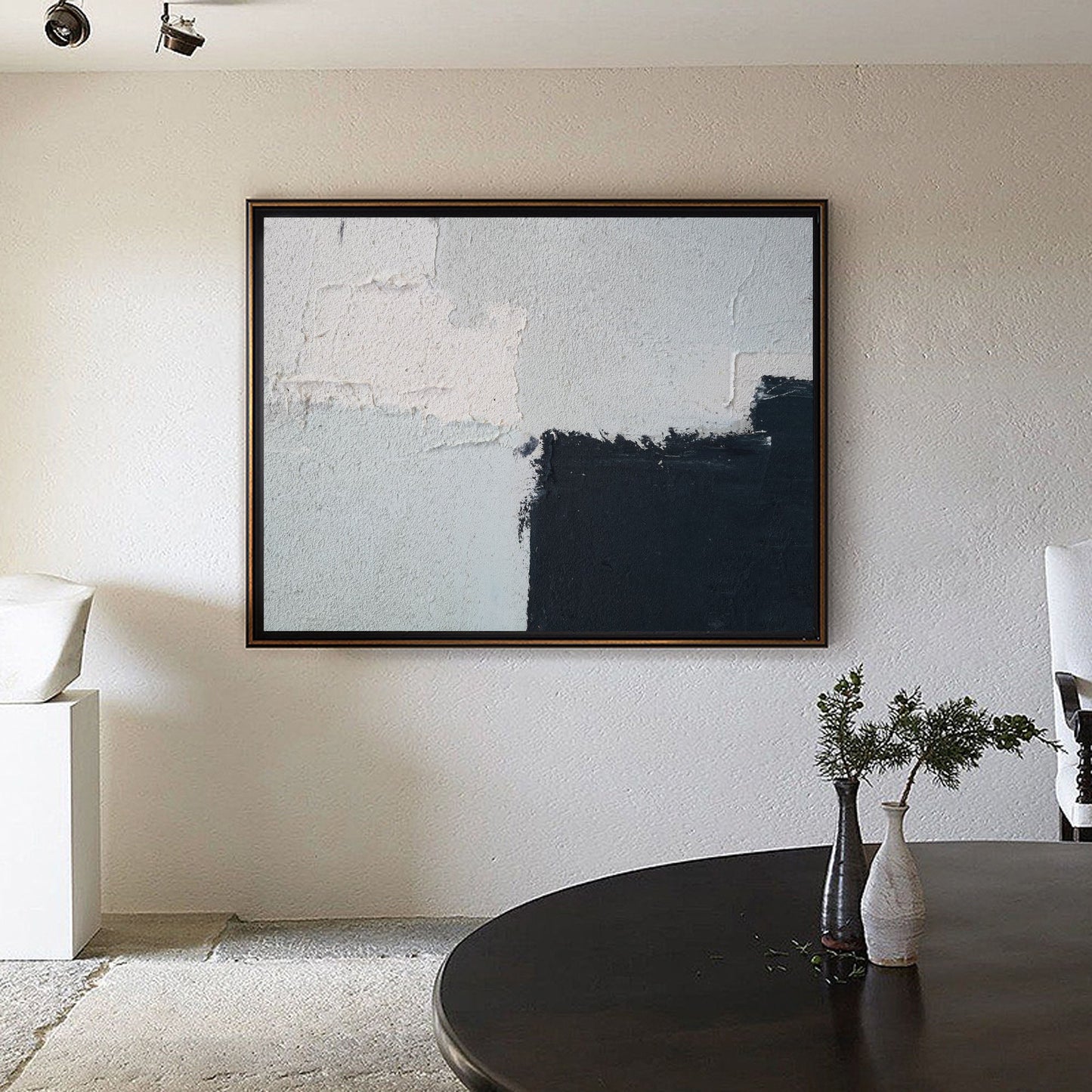 Contemporary Minimalist Abstract Oil Painting in Black and White Tones