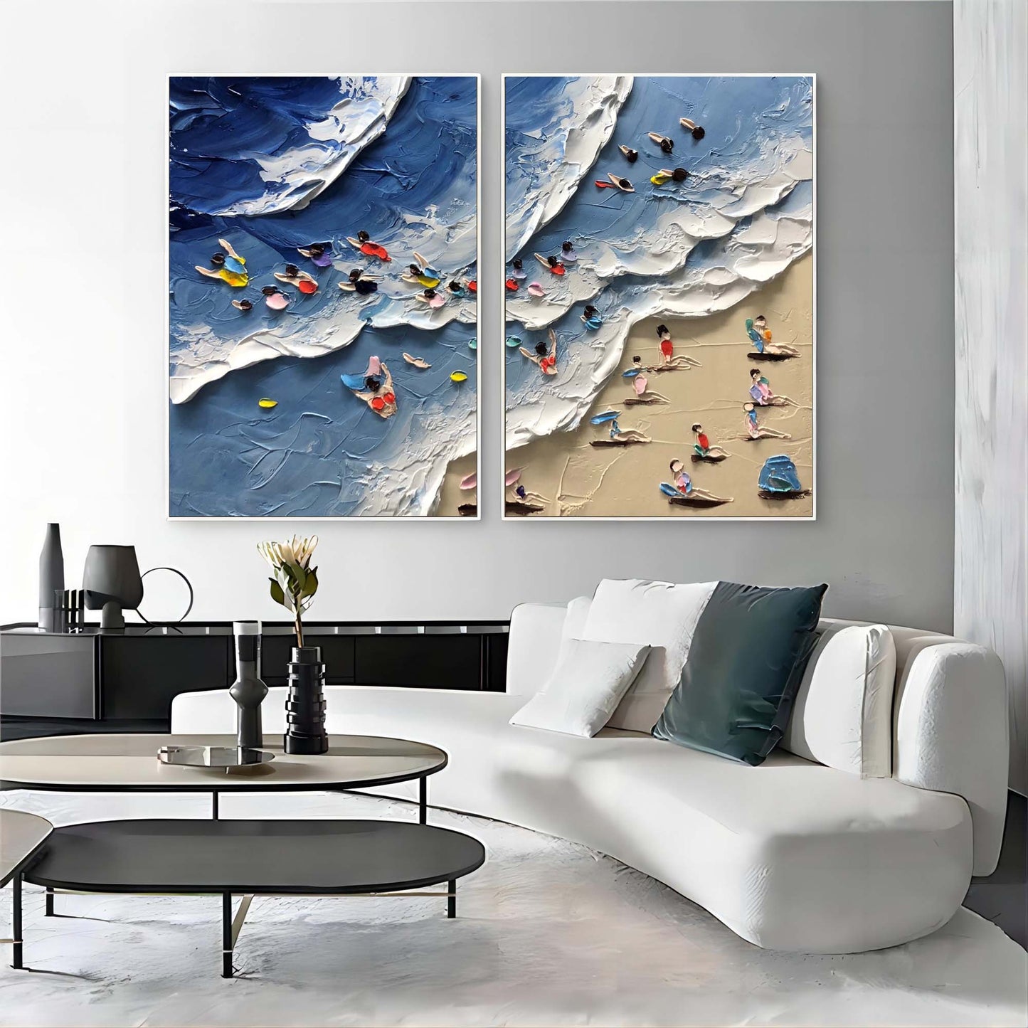 Colorful Beach Scene Abstract Oil Painting Duo for Modern Decor