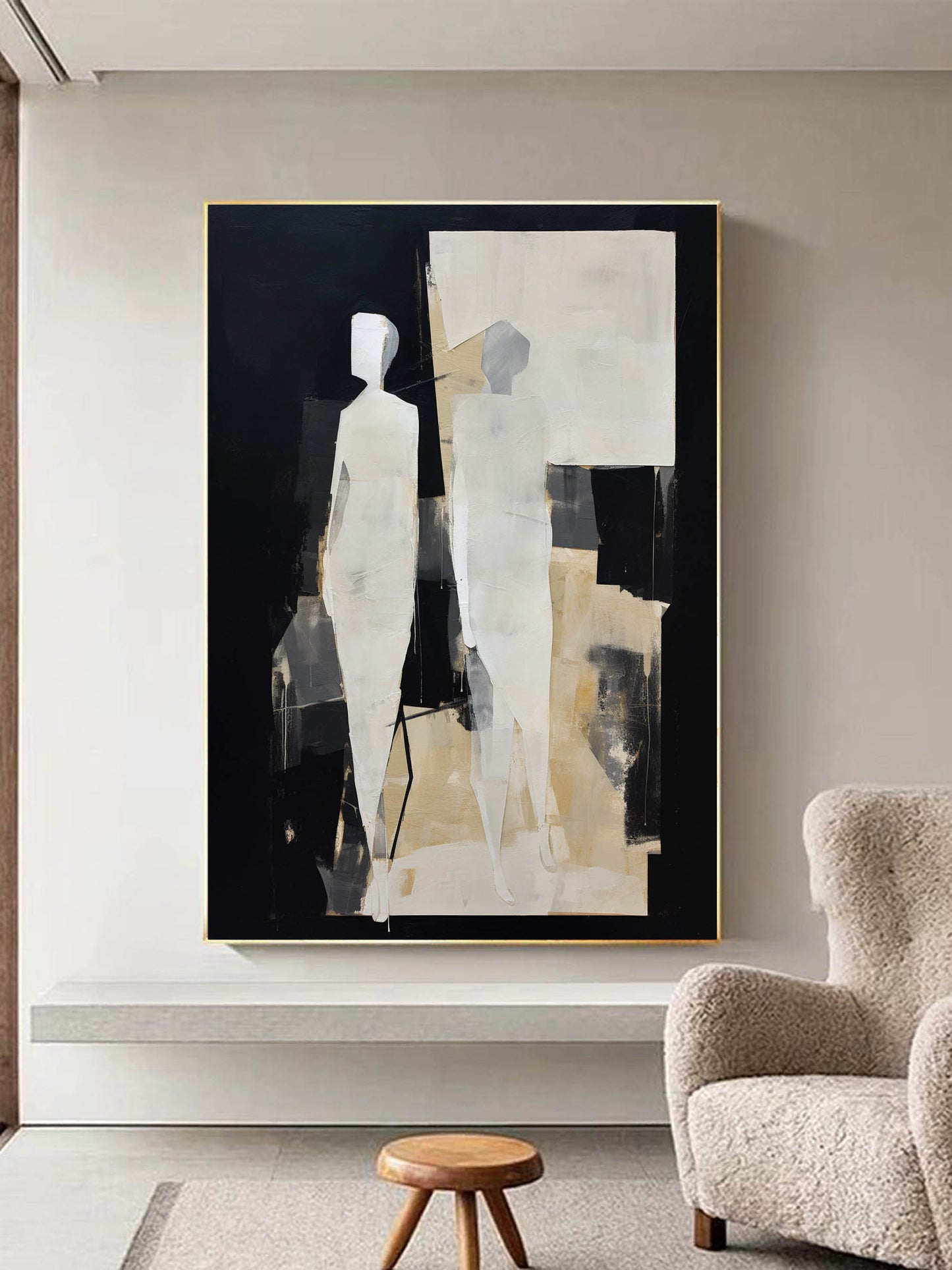 Modern Abstract Oil Painting of Figures in Minimalist Black and White Composition