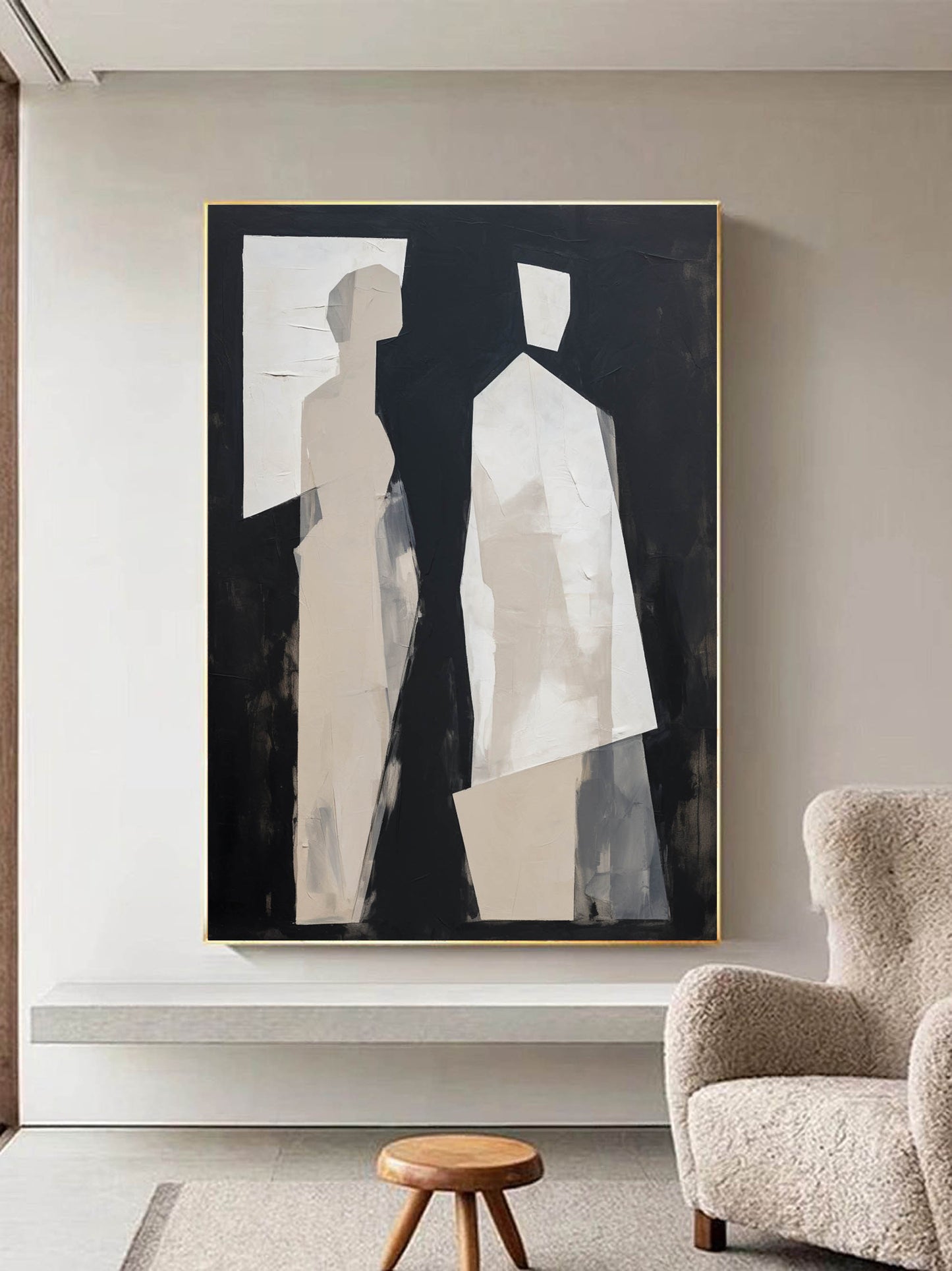Modern Minimalist Oil Painting of Abstract Figures in Black and White