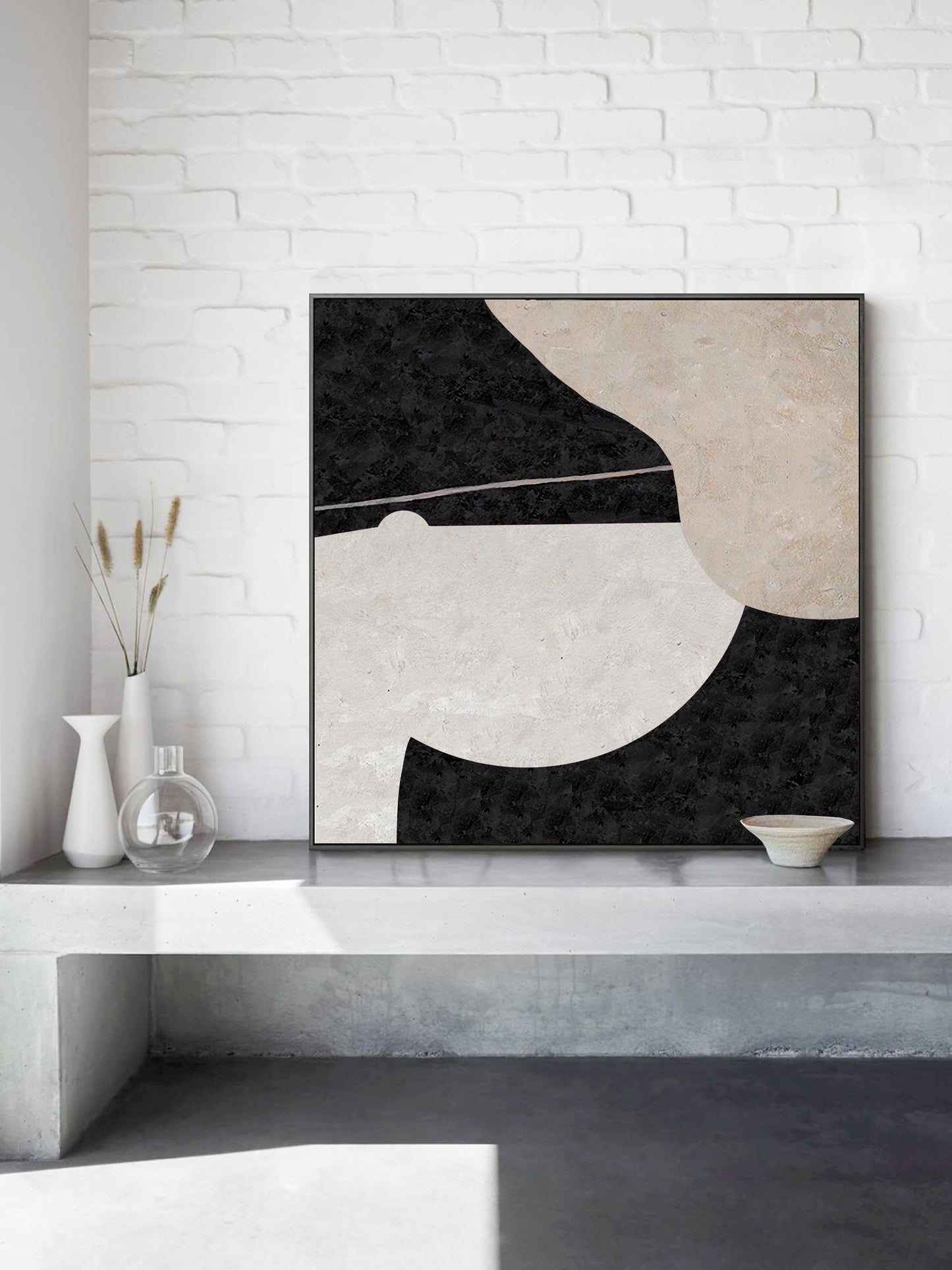 Large Minimalist Black and White Oil Painting for Modern Home Decor