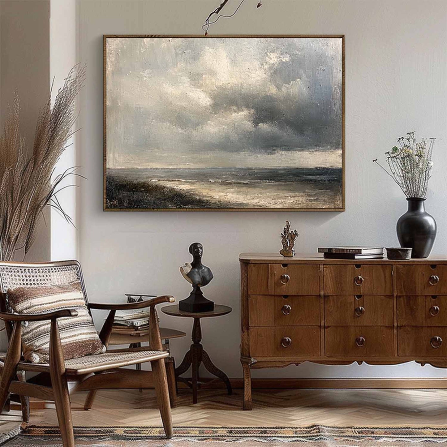 Serene Coastal Landscape Oil Painting with Dramatic Cloud Detail