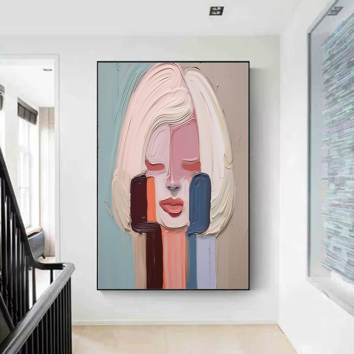 Contemporary Abstract Oil Painting of a Serene Woman with Soft Pastel Colors