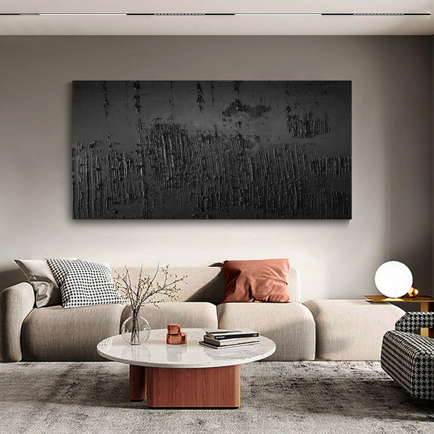 Textured Black Abstract Art - Modern Minimalist Oil Painting for Contemporary Decor