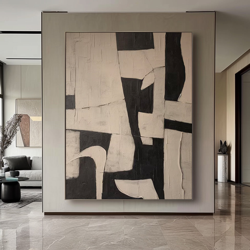 Elegant Black and White Minimalist Abstract Oil Painting for Modern Decor
