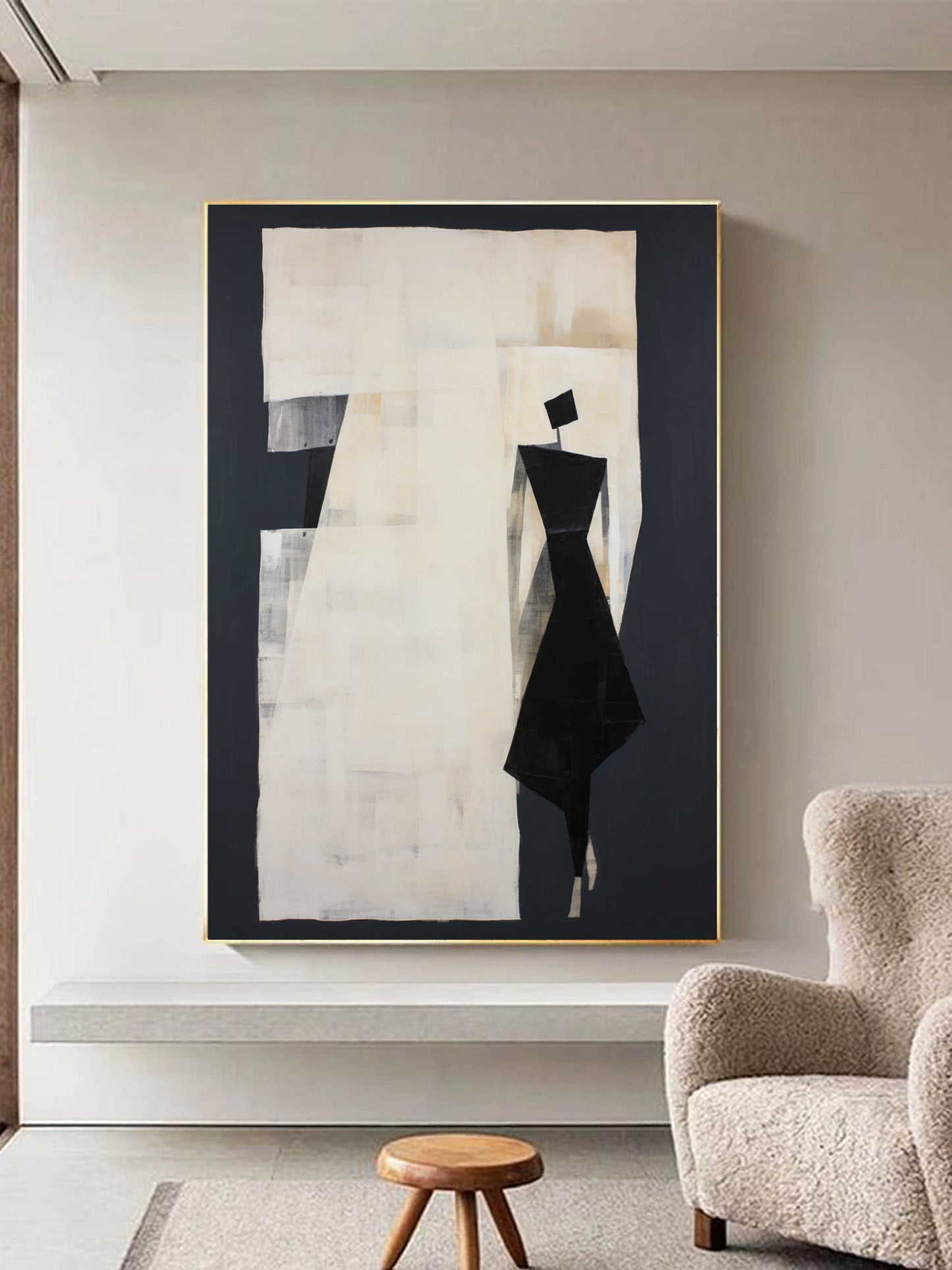 Elegant Black and White Minimalist Oil Painting for Modern Home Decor