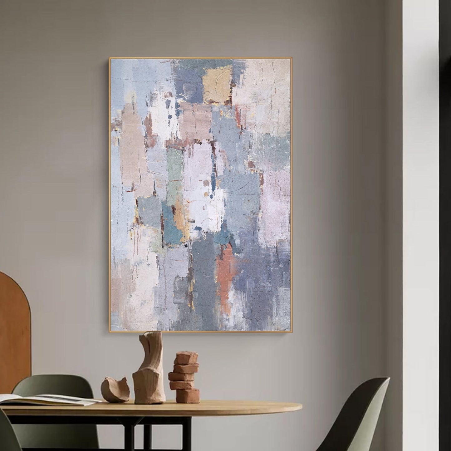 Contemporary Abstract Geometric Oil Painting in Soft Pastel Colors for Modern Decor